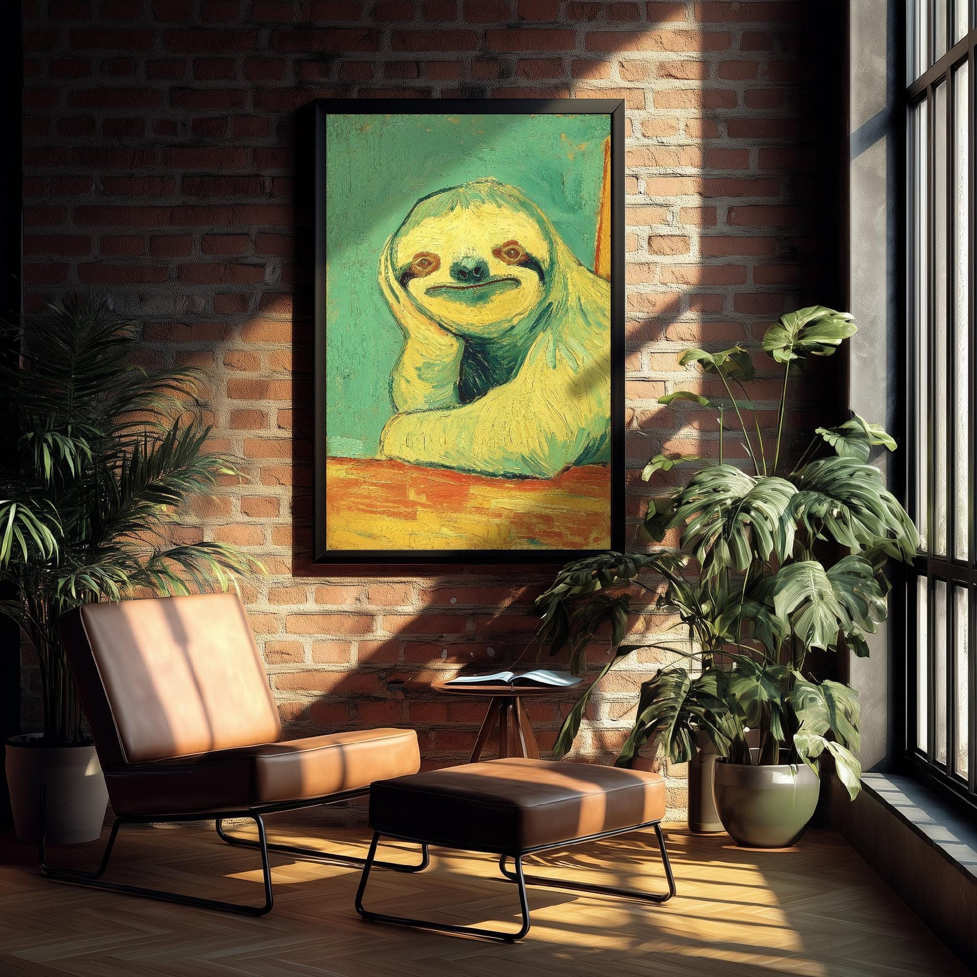 Lazy Animals Art Print | Sloth Portrait Van Gogh Style Poster | Humorous Green Yellow Painting Wall Decor Gift 1/3