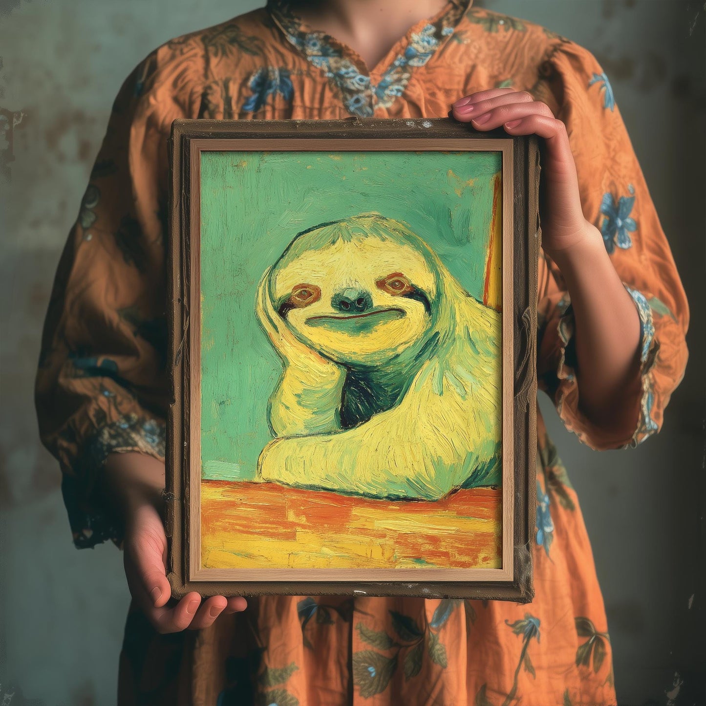Lazy Animals Art Print | Sloth Portrait Van Gogh Style Poster | Humorous Green Yellow Painting Wall Decor Gift 1/3