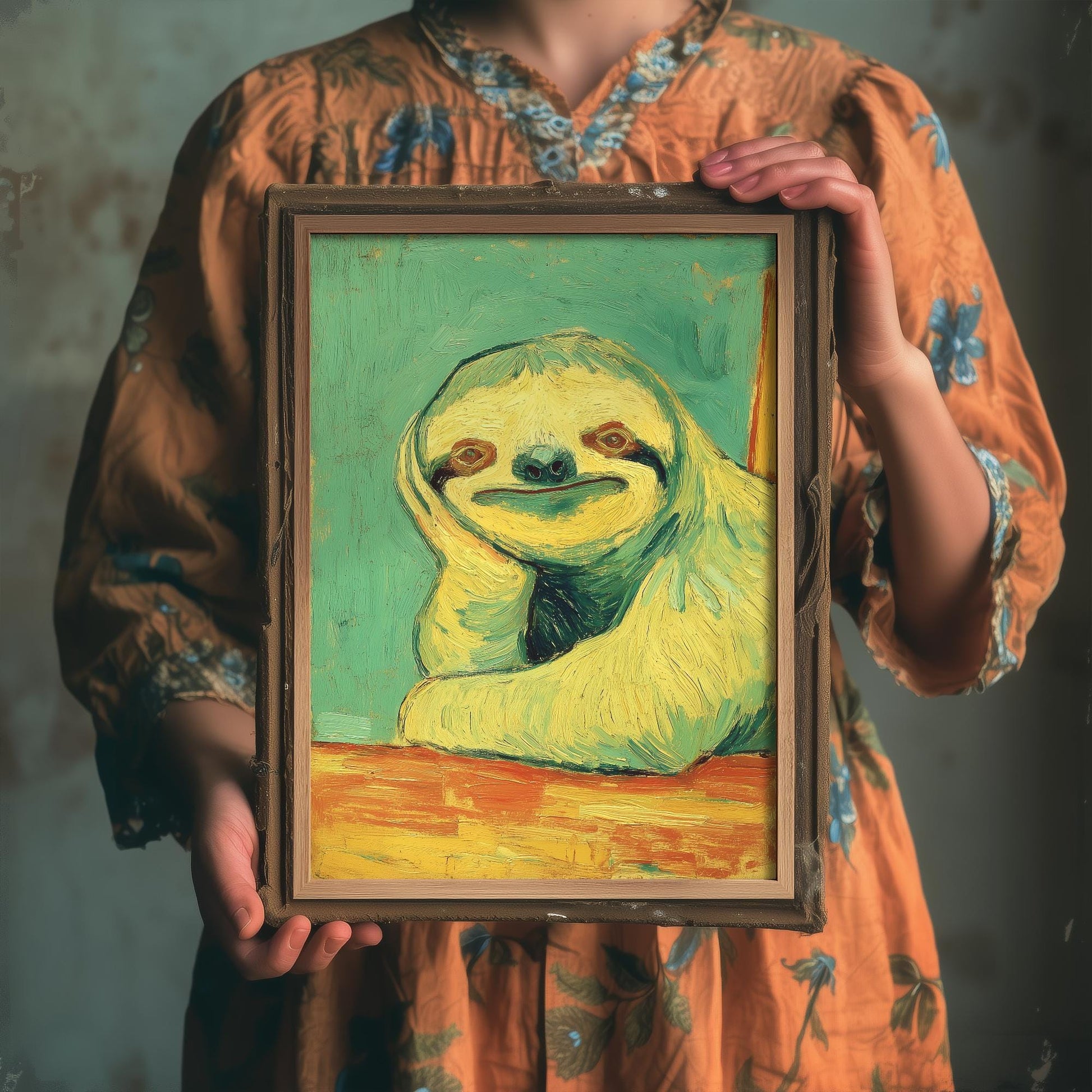 Lazy Animals Art Print | Sloth Portrait Van Gogh Style Poster | Humorous Green Yellow Painting Wall Decor Gift 1/3