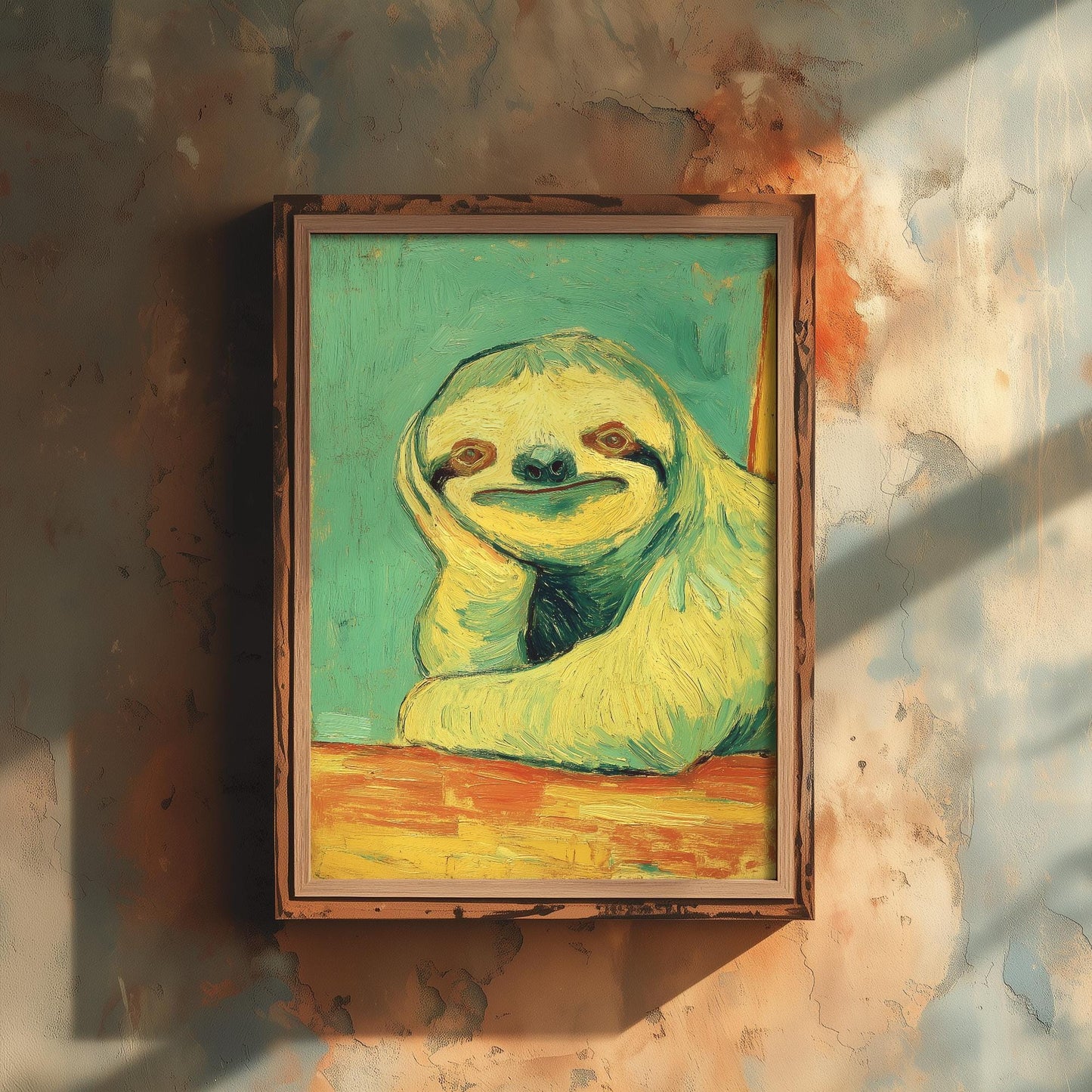Lazy Animals Art Print | Sloth Portrait Van Gogh Style Poster | Humorous Green Yellow Painting Wall Decor Gift 1/3
