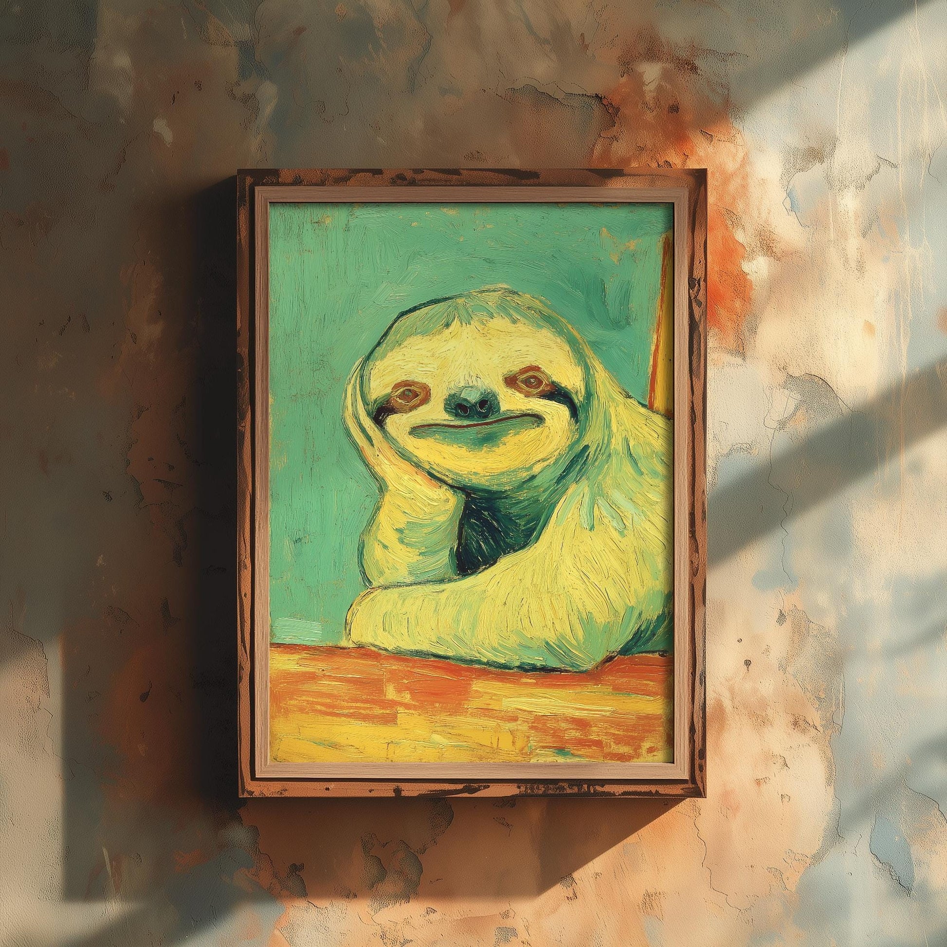 Lazy Animals Art Print | Sloth Portrait Van Gogh Style Poster | Humorous Green Yellow Painting Wall Decor Gift 1/3