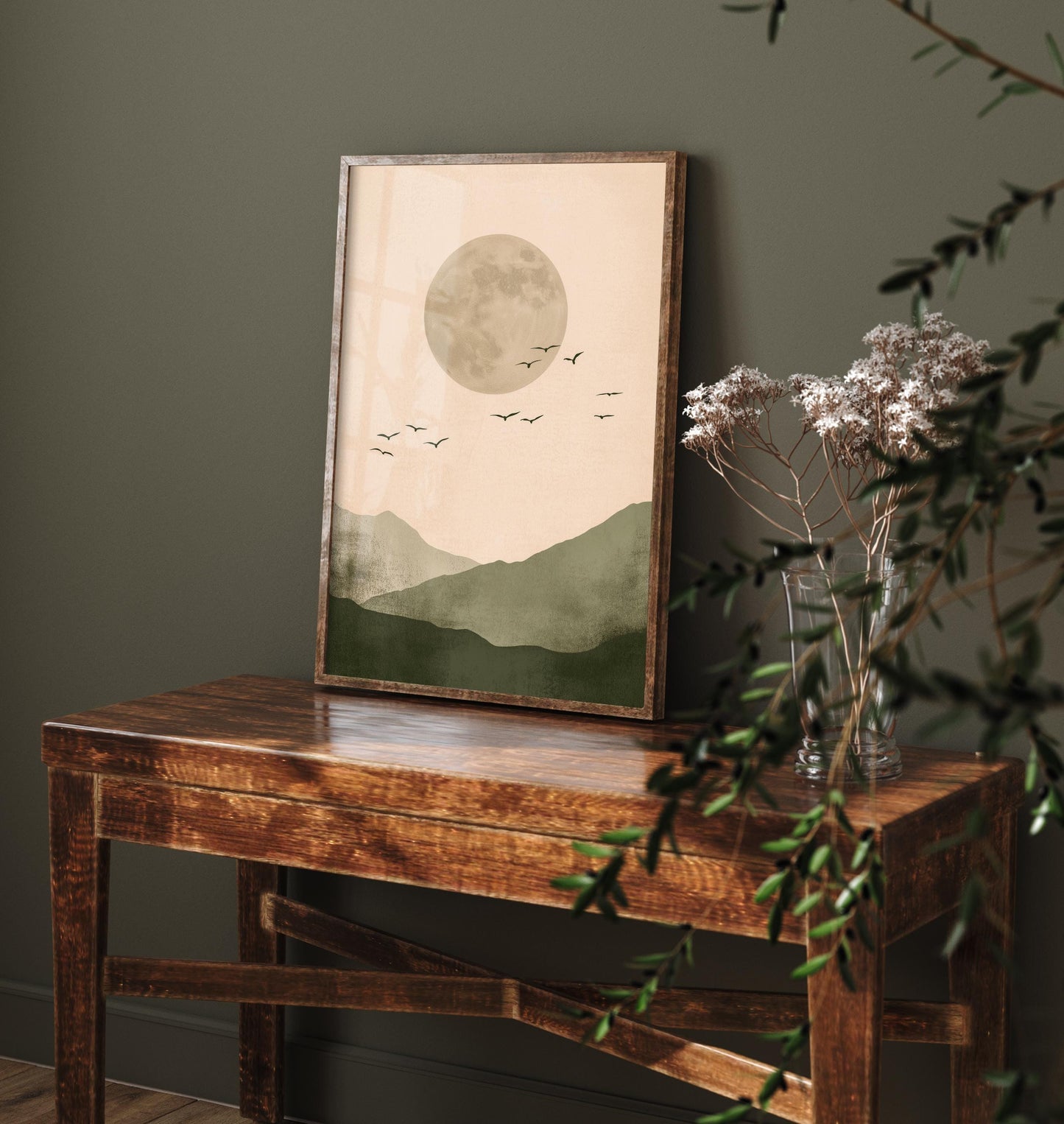 Birds in Sky with Large Moon Art Print | Grey Moon Peach Sky Poster | Japanese Ukiyo-e Inspired Painting Wall Decor 1/3