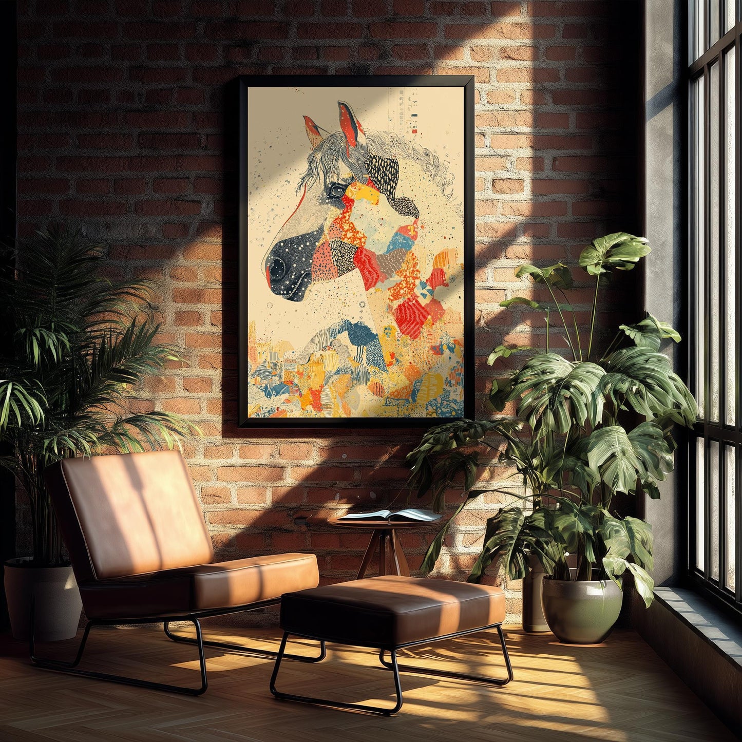 Feral Floral Horse Art Print V3 - Grey Horse Bold Colour Patch Portrait Poster - Bold Colourful Woodcut Collage Painting Animals Gift 3/3