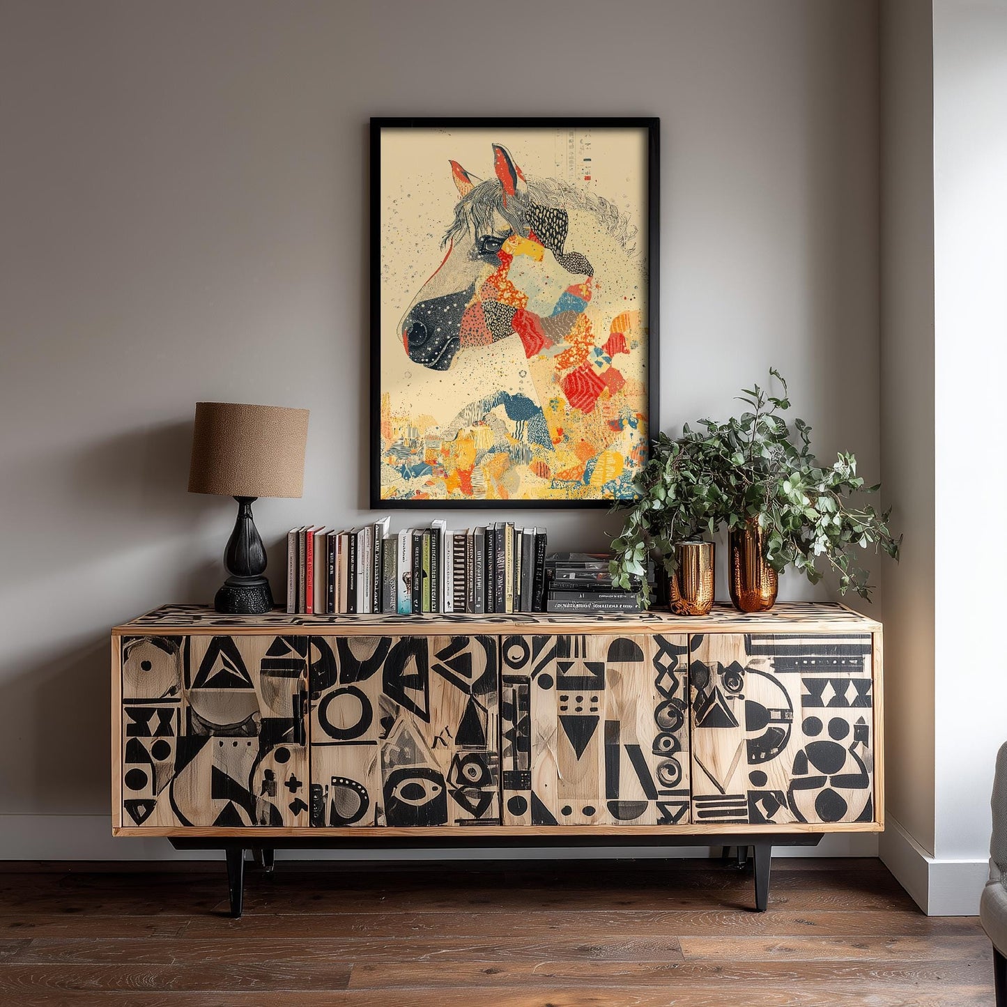 Feral Floral Horse Art Print V3 - Grey Horse Bold Colour Patch Portrait Poster - Bold Colourful Woodcut Collage Painting Animals Gift 3/3