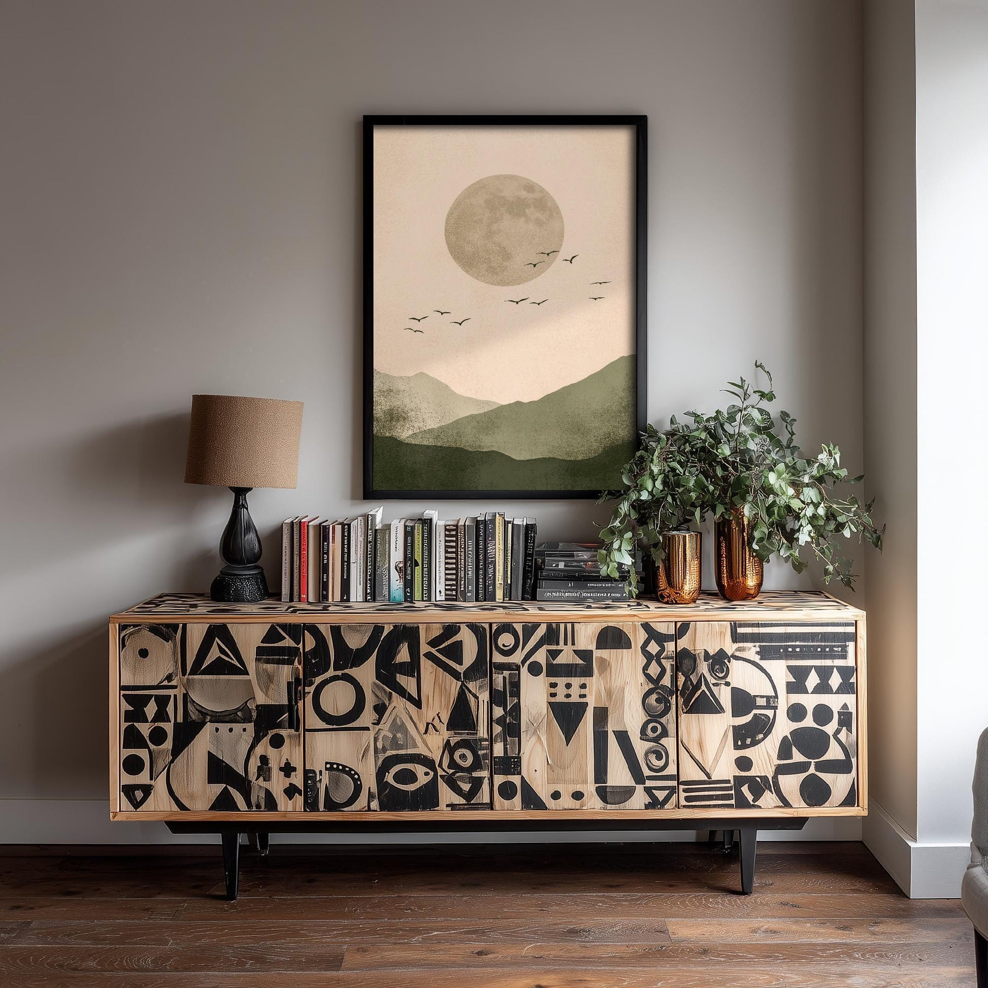 Birds in Sky with Large Moon Art Print | Grey Moon Peach Sky Poster | Japanese Ukiyo-e Inspired Painting Wall Decor 1/3