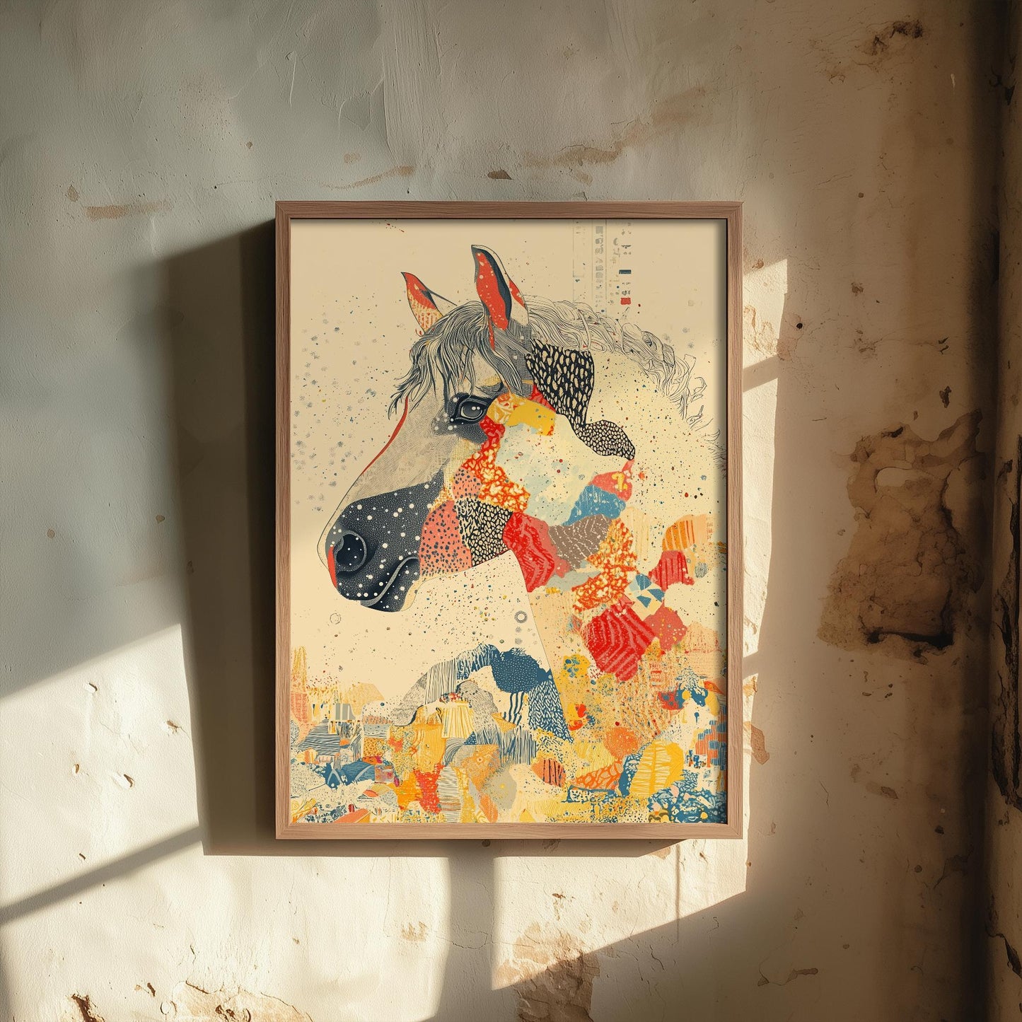 Feral Floral Horse Art Print V3 - Grey Horse Bold Colour Patch Portrait Poster - Bold Colourful Woodcut Collage Painting Animals Gift 3/3