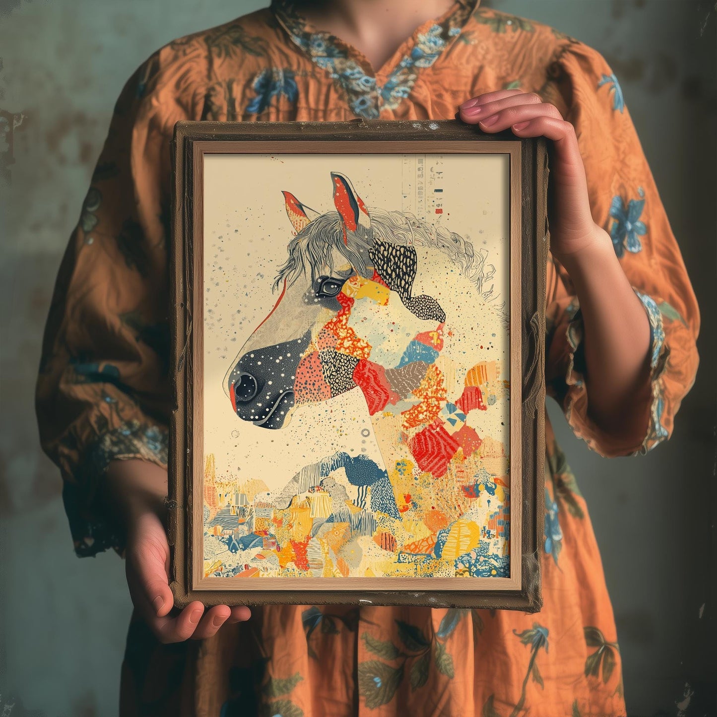 Feral Floral Horse Art Print V3 - Grey Horse Bold Colour Patch Portrait Poster - Bold Colourful Woodcut Collage Painting Animals Gift 3/3