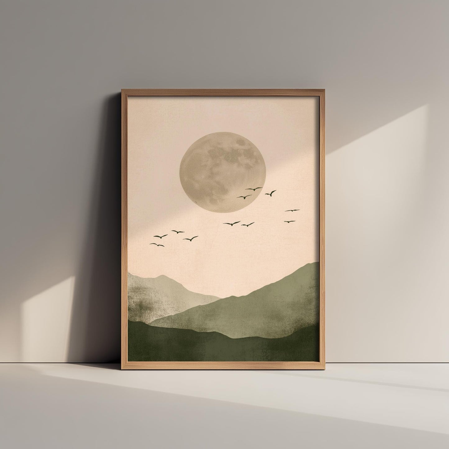 Birds in Sky with Large Moon Art Print | Grey Moon Peach Sky Poster | Japanese Ukiyo-e Inspired Painting Wall Decor 1/3