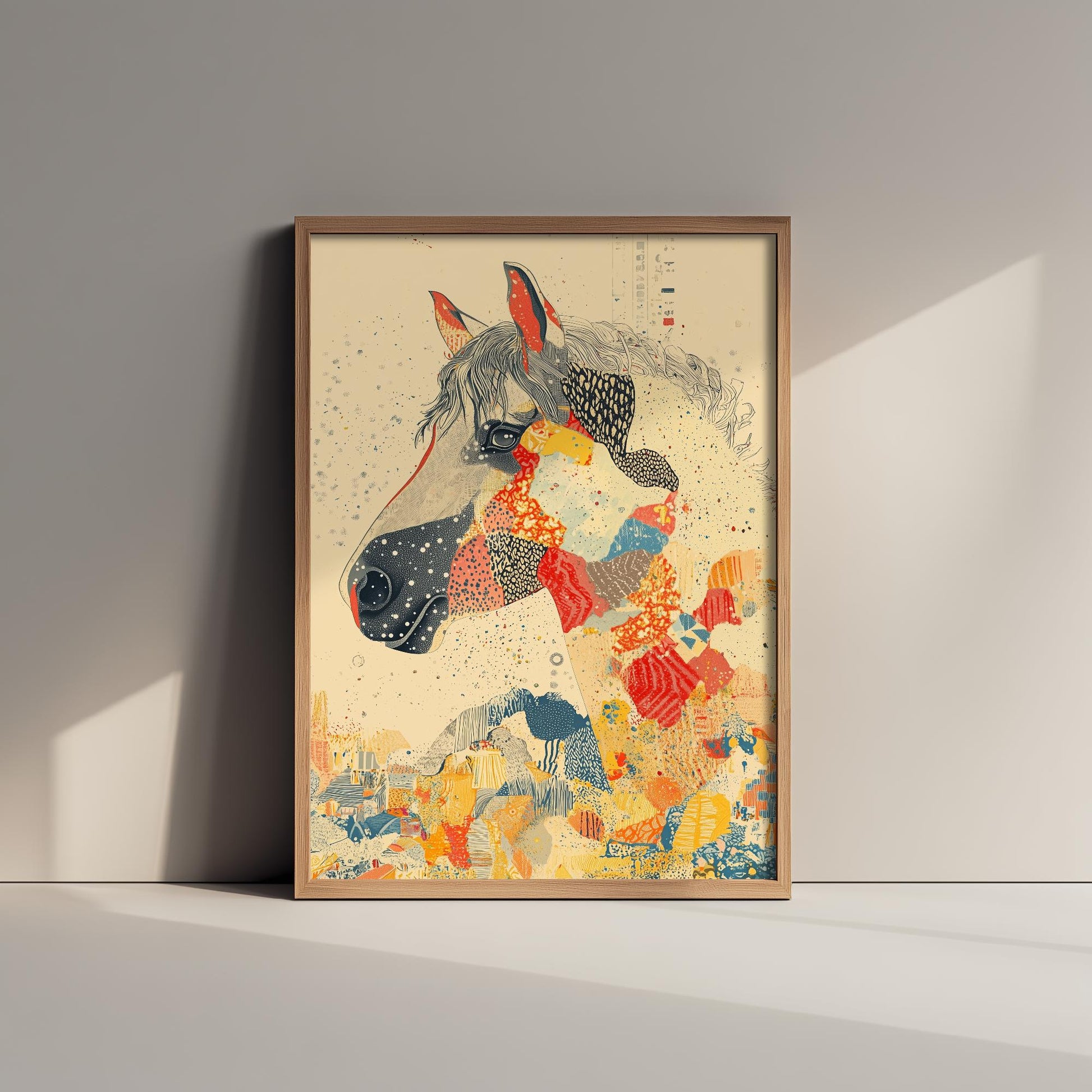 Feral Floral Horse Art Print V3 - Grey Horse Bold Colour Patch Portrait Poster - Bold Colourful Woodcut Collage Painting Animals Gift 3/3