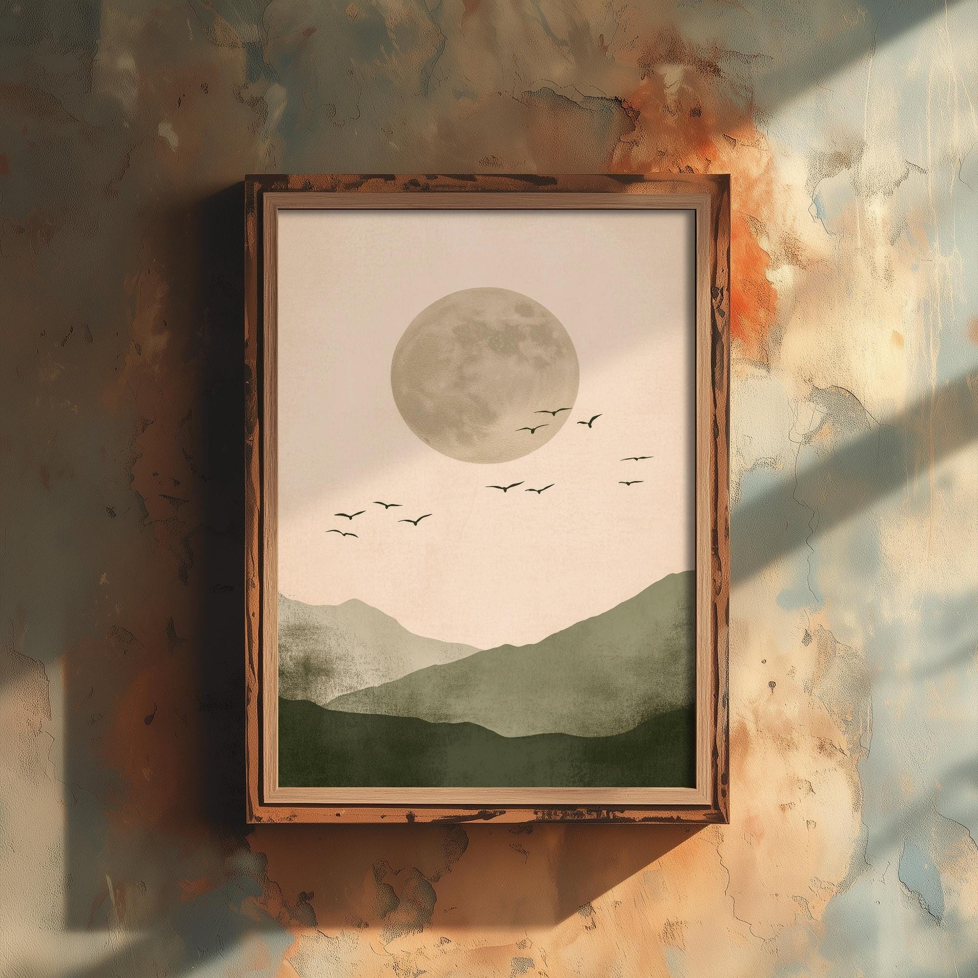 Birds in Sky with Large Moon Art Print | Grey Moon Peach Sky Poster | Japanese Ukiyo-e Inspired Painting Wall Decor 1/3