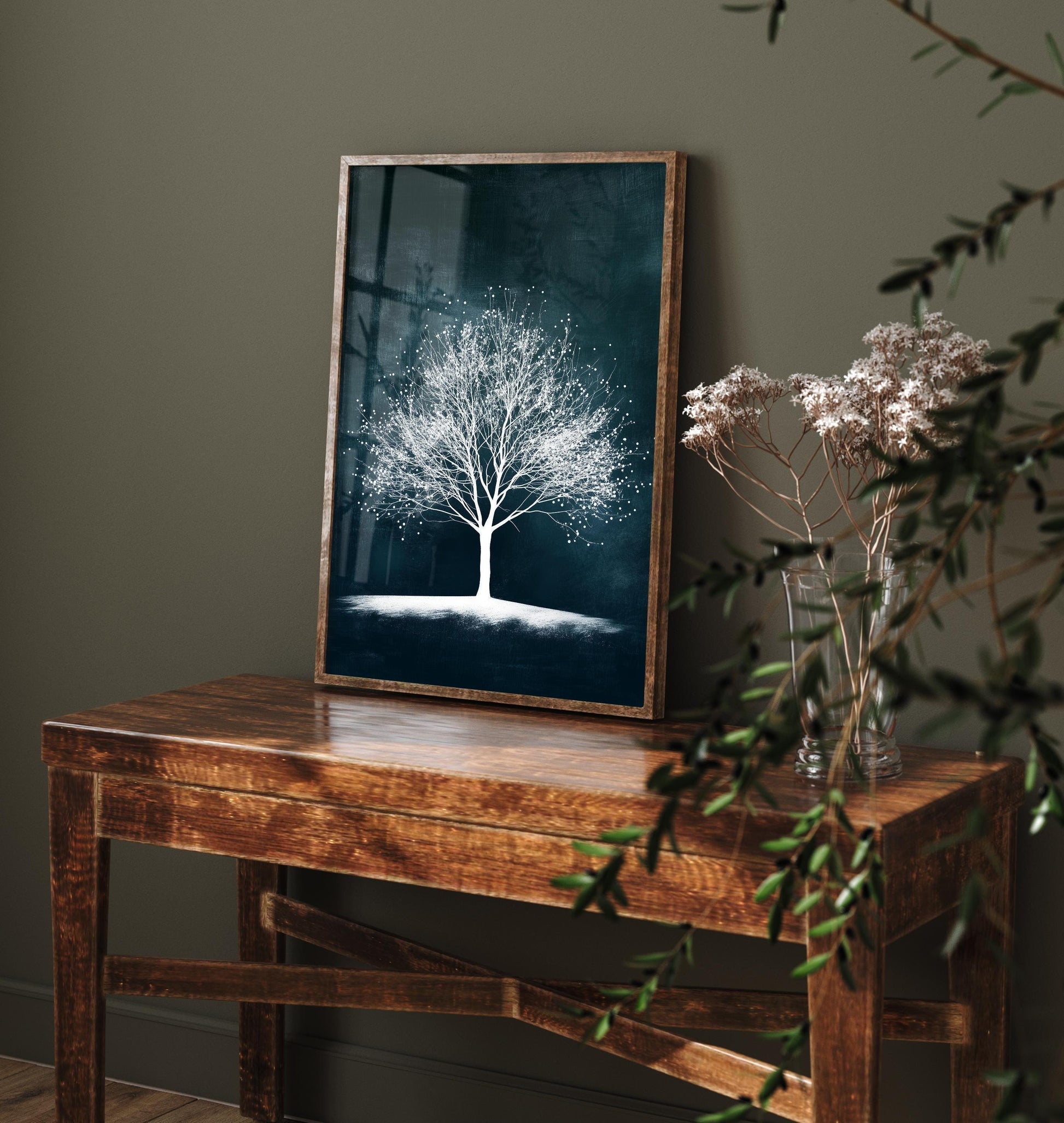 Teal Night Tree Print | Bare Winter Tree Art Print | Dark Teal Moody Nature Painting | Ethereal Botanical Wall Poster V1 1/3