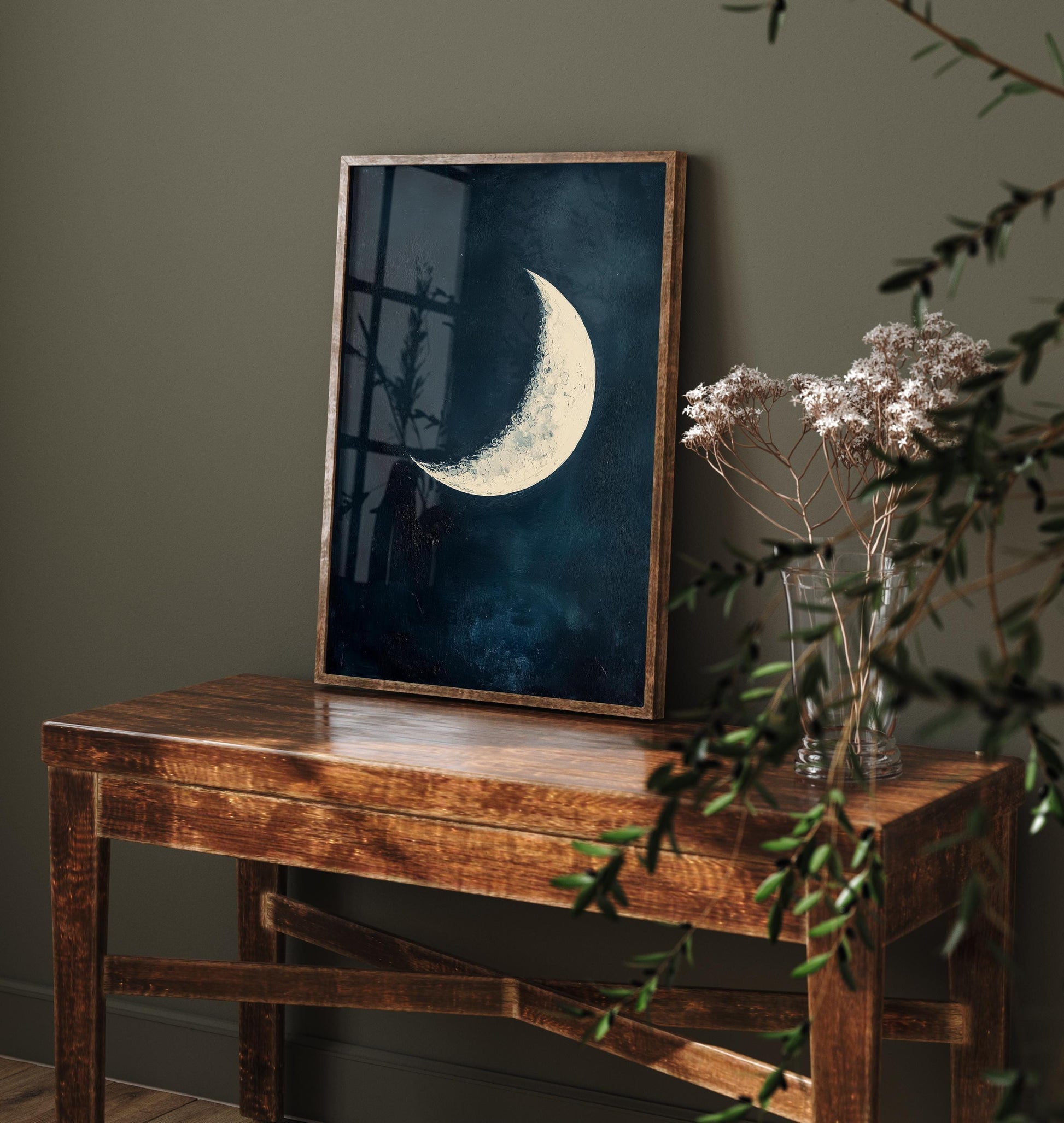 Blue Night Moon & Tree Art Print | Crescent Moon Wall Poster | Dark Celestial Decor | Lunar Painting 2/3