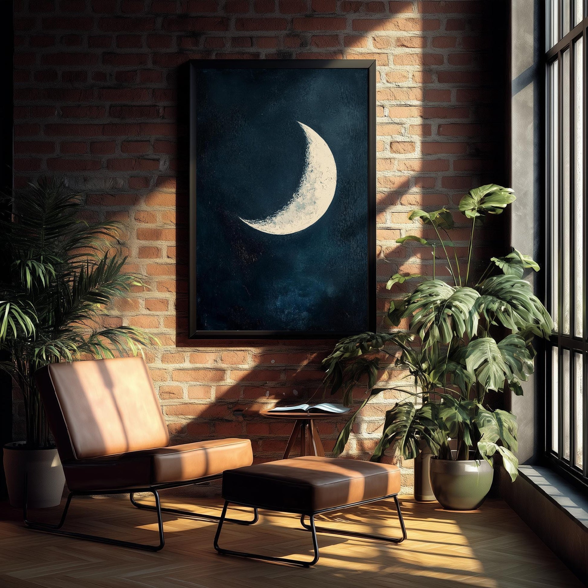 Blue Night Moon & Tree Art Print | Crescent Moon Wall Poster | Dark Celestial Decor | Lunar Painting 2/3