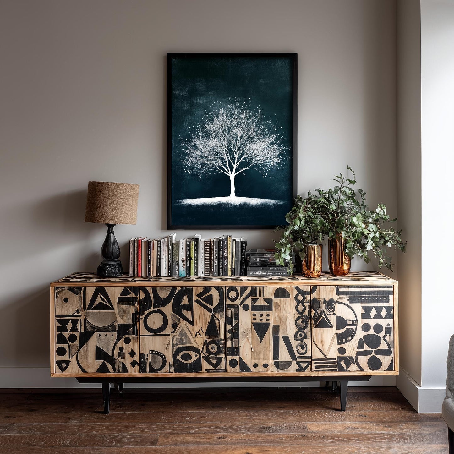 Teal Night Tree Print | Bare Winter Tree Art Print | Dark Teal Moody Nature Painting | Ethereal Botanical Wall Poster V1 1/3