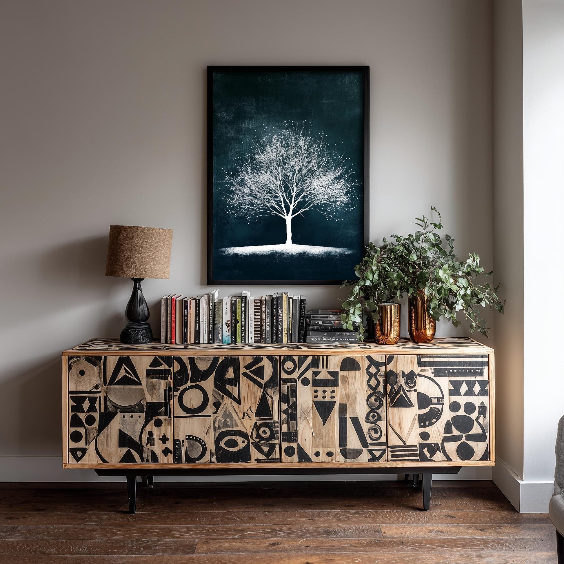 Teal Night Tree Print | Bare Winter Tree Art Print | Dark Teal Moody Nature Painting | Ethereal Botanical Wall Poster V1 1/3