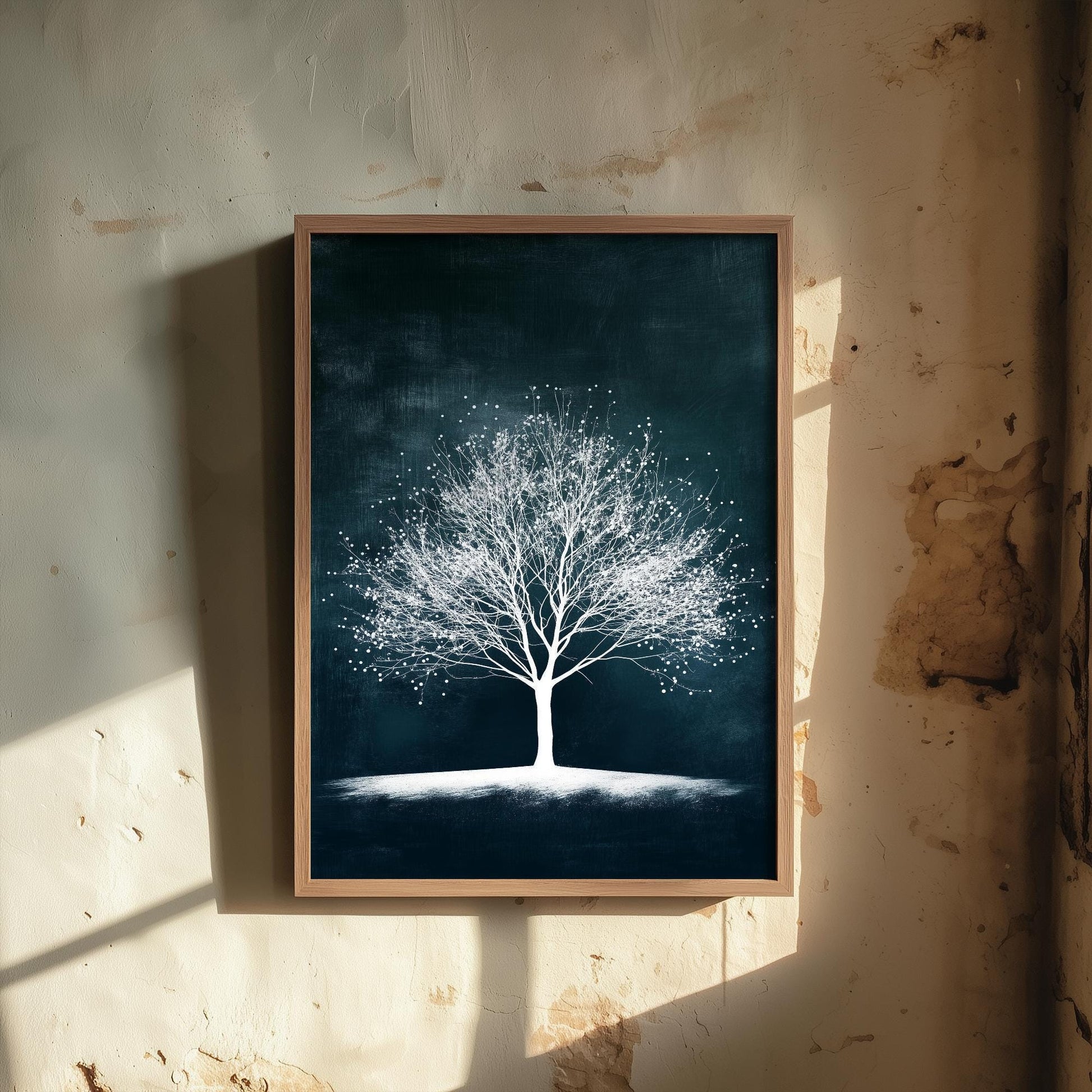 Teal Night Tree Print | Bare Winter Tree Art Print | Dark Teal Moody Nature Painting | Ethereal Botanical Wall Poster V1 1/3