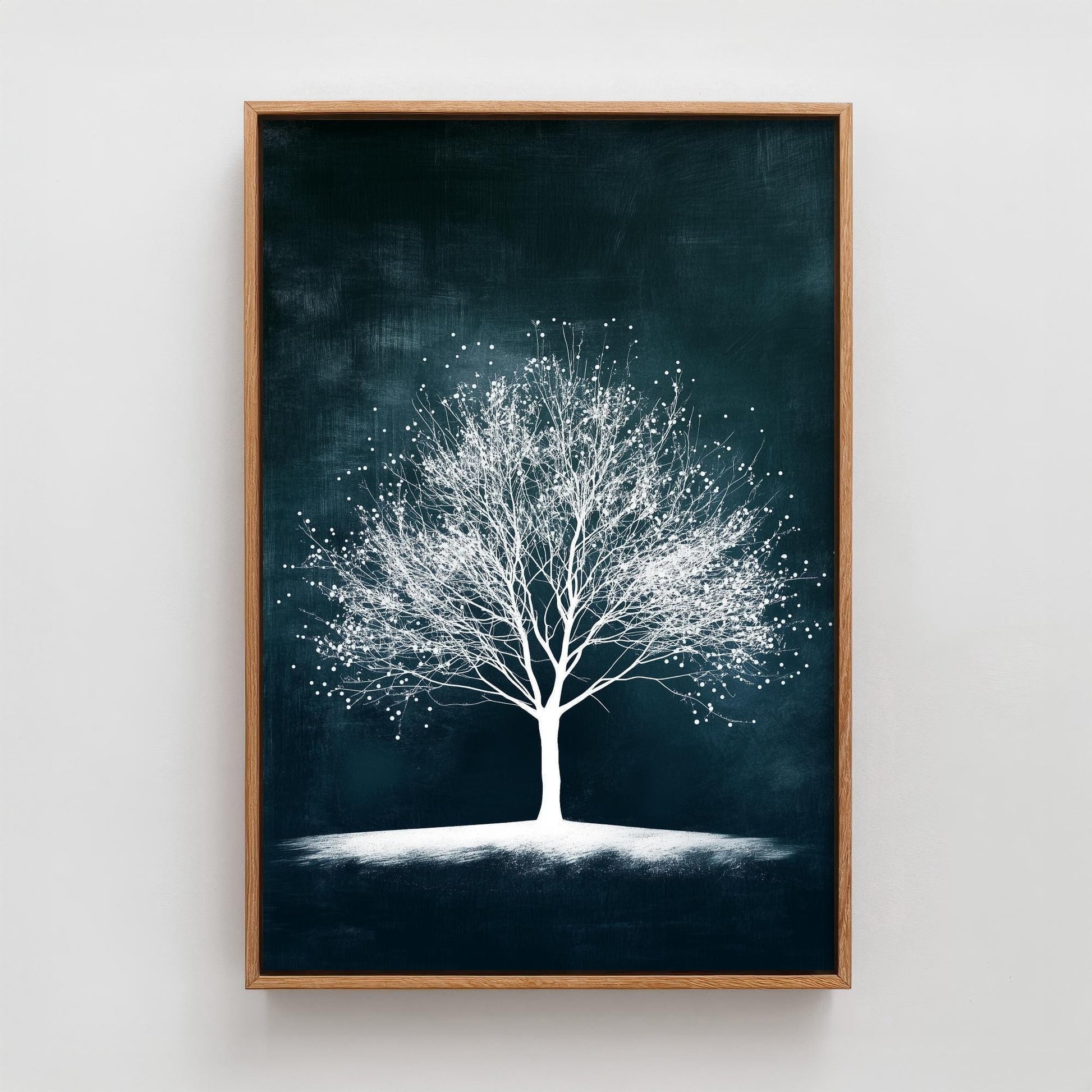 Teal Night Tree Print | Bare Winter Tree Art Print | Dark Teal Moody Nature Painting | Ethereal Botanical Wall Poster V1 1/3