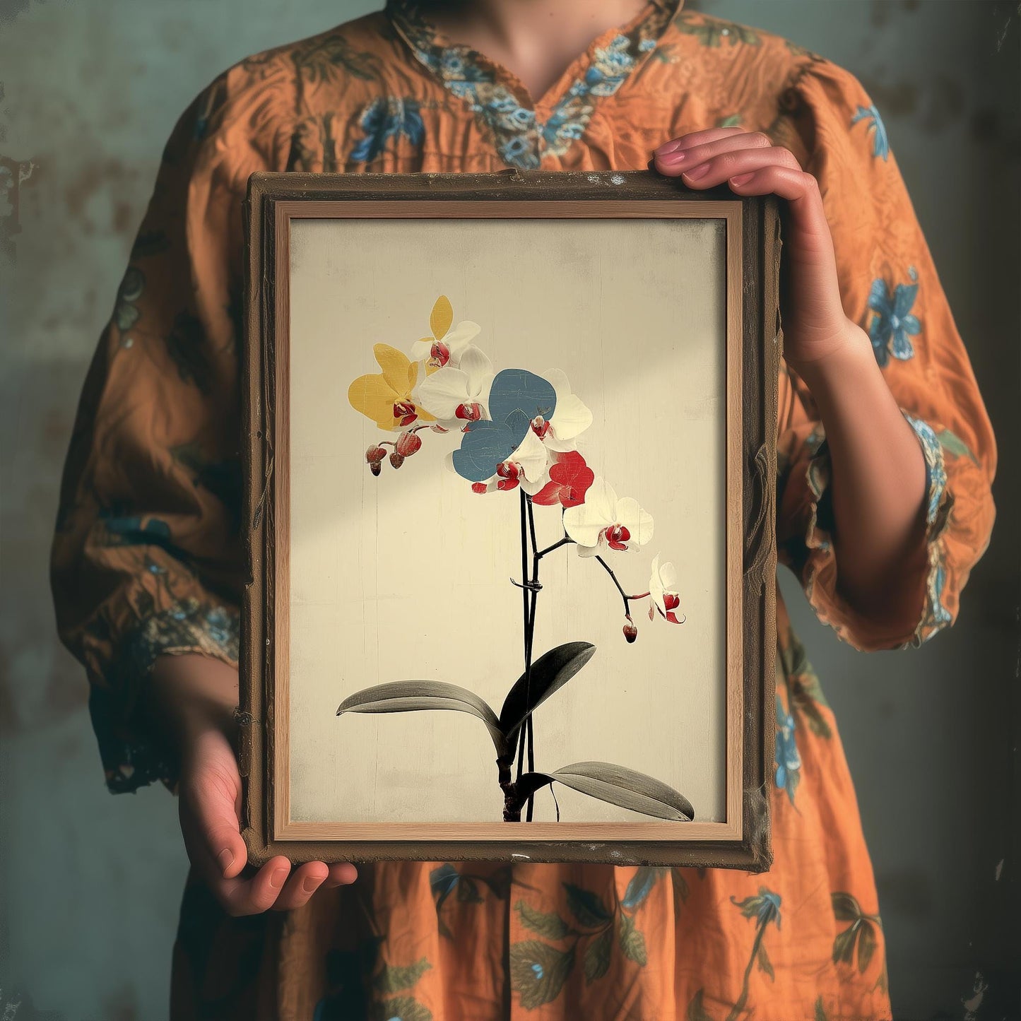 Vintage Rainbow Orchid Art Print V2 | Single Bold Dahlia Stem Poster | Japanese Japandi Botanical Painting Zen Decor 2/3