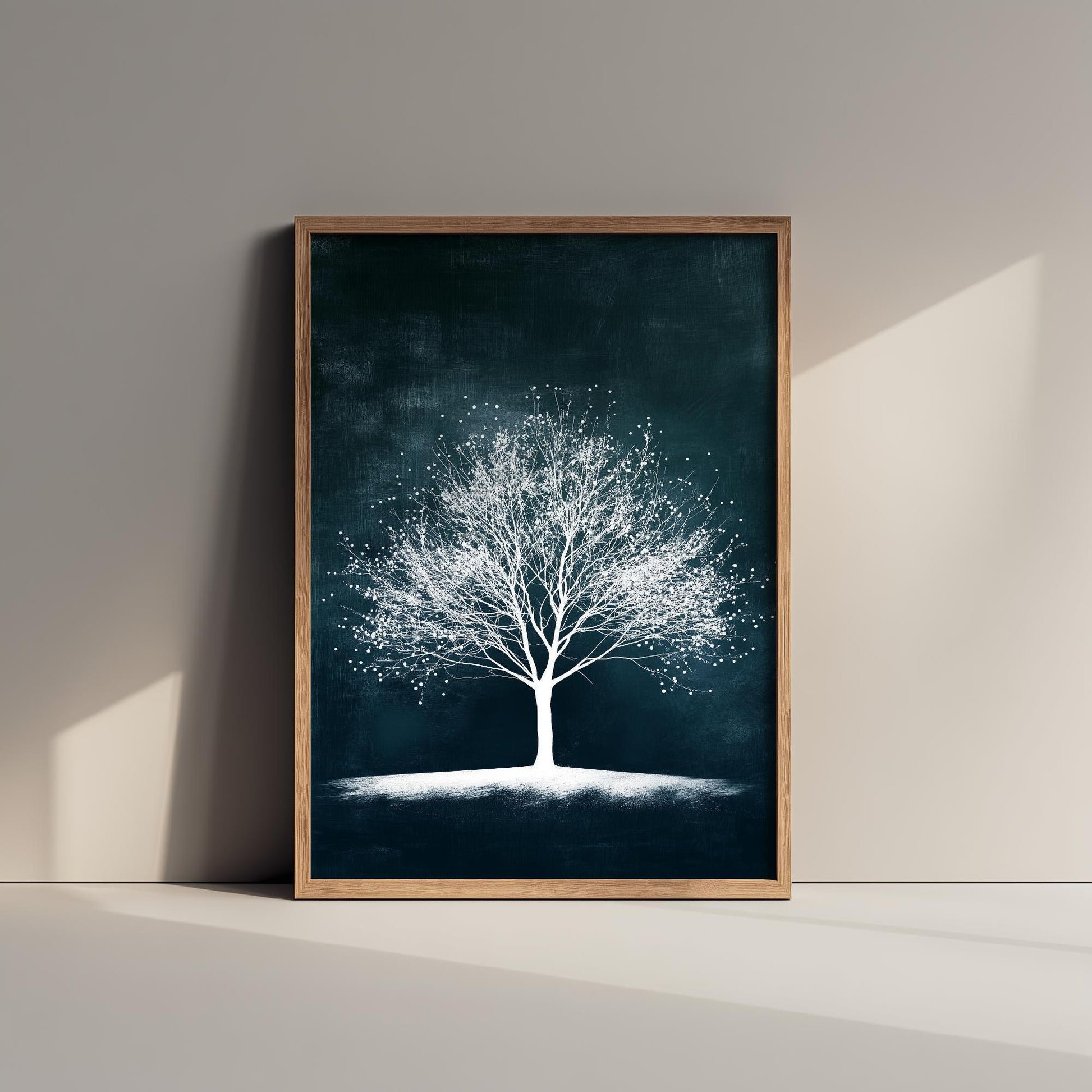 Teal Night Tree Print | Bare Winter Tree Art Print | Dark Teal Moody Nature Painting | Ethereal Botanical Wall Poster V1 1/3
