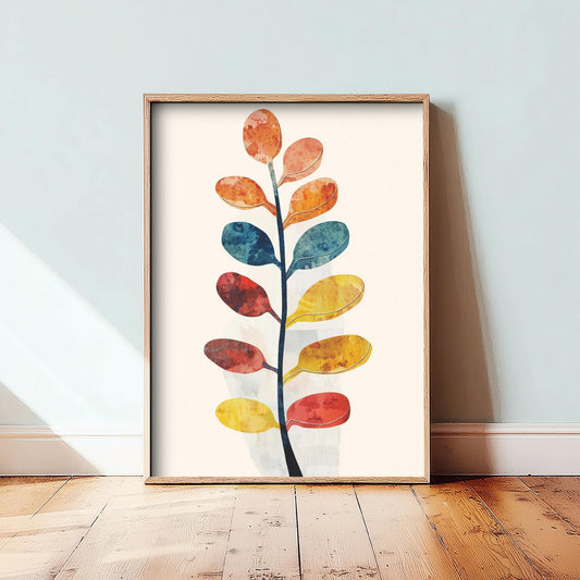 Feral Floral Fern Art Print V1 - Oval Leaf Stem Botanical Poster - Bold Colourful Woodcut Collage Painting Nature Japandi Neutral 2/3