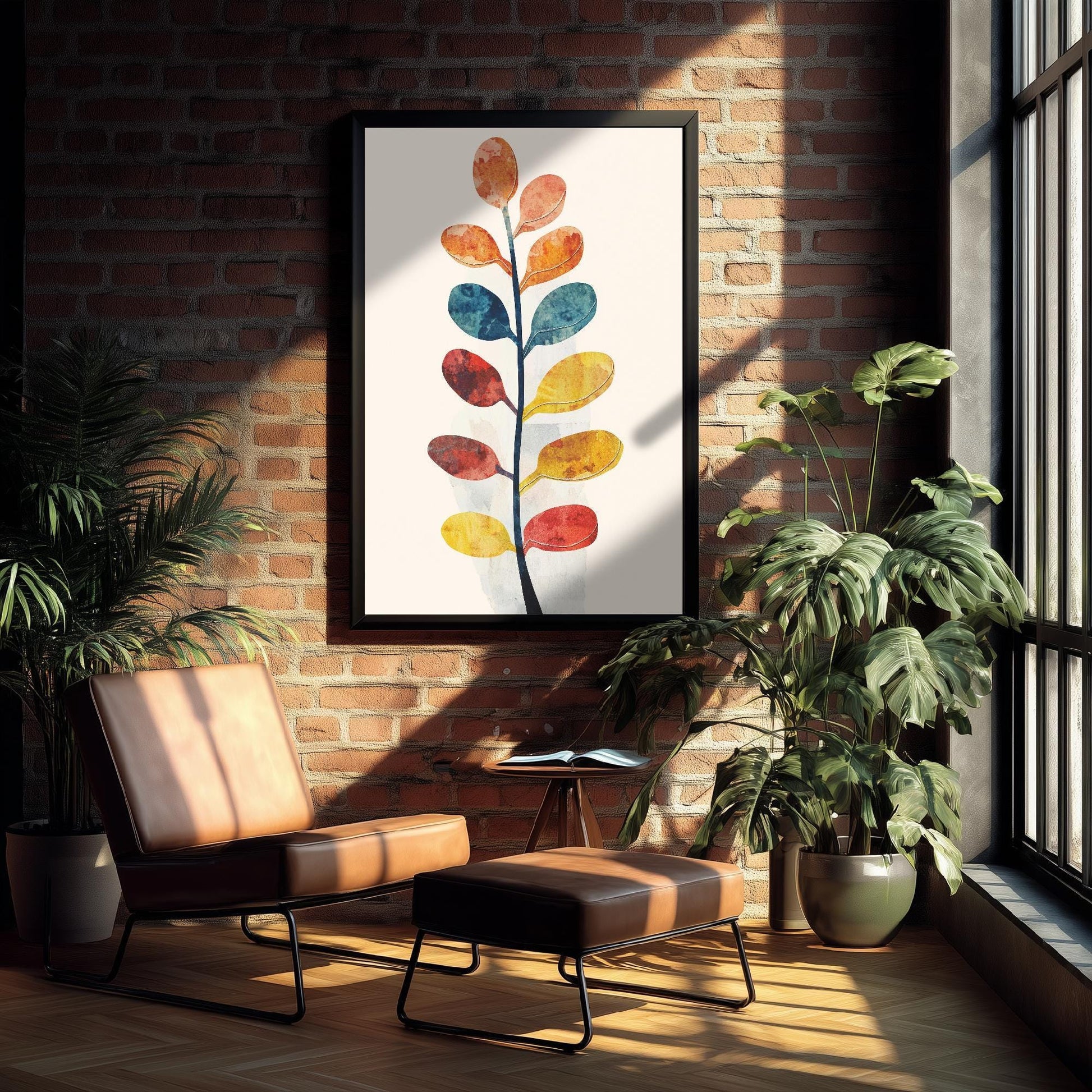 Feral Floral Fern Art Print V1 - Oval Leaf Stem Botanical Poster - Bold Colourful Woodcut Collage Painting Nature Japandi Neutral 2/3
