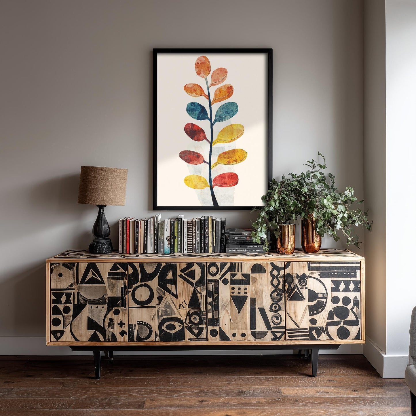 Feral Floral Fern Art Print V1 - Oval Leaf Stem Botanical Poster - Bold Colourful Woodcut Collage Painting Nature Japandi Neutral 2/3