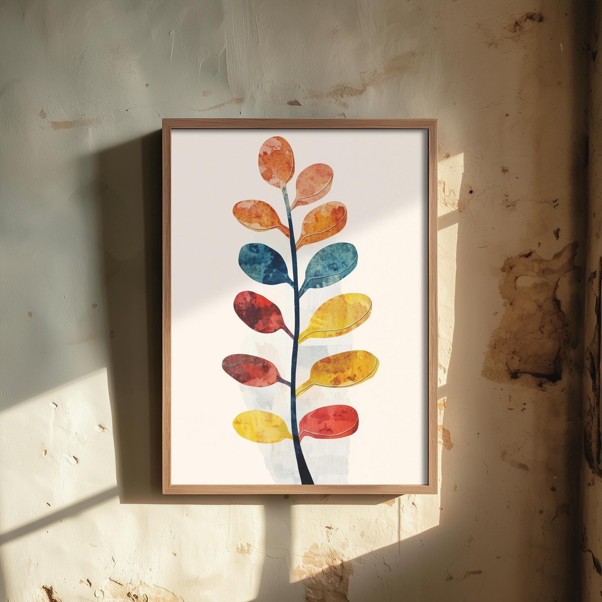Feral Floral Fern Art Print V1 - Oval Leaf Stem Botanical Poster - Bold Colourful Woodcut Collage Painting Nature Japandi Neutral 2/3