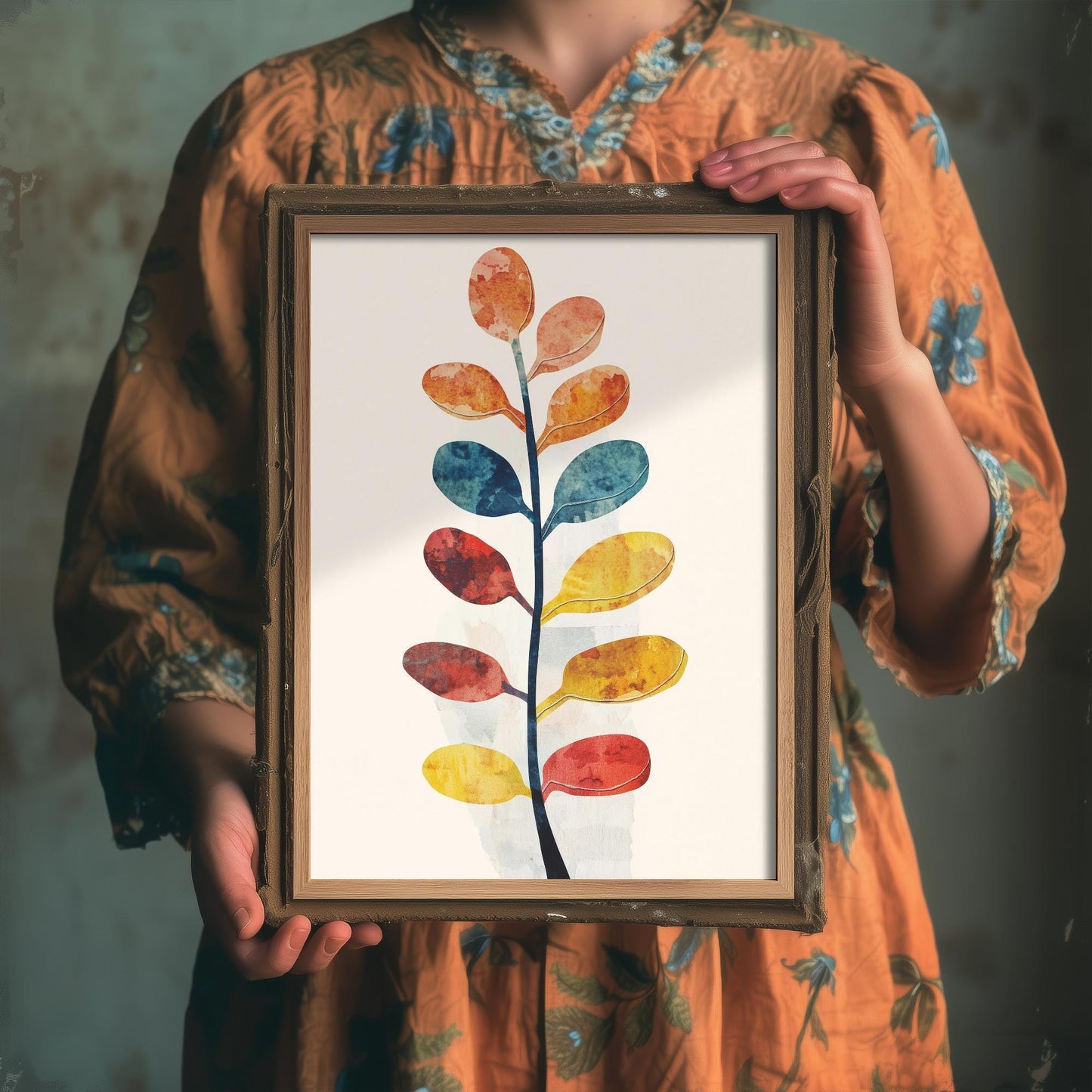 Feral Floral Fern Art Print V1 - Oval Leaf Stem Botanical Poster - Bold Colourful Woodcut Collage Painting Nature Japandi Neutral 2/3