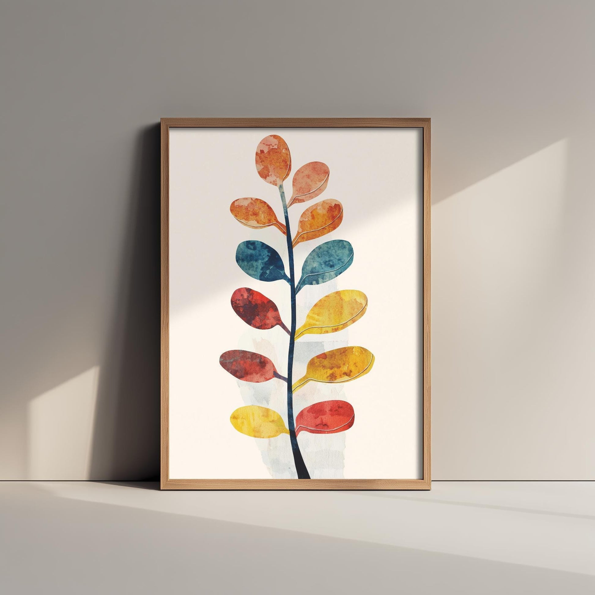Feral Floral Fern Art Print V1 - Oval Leaf Stem Botanical Poster - Bold Colourful Woodcut Collage Painting Nature Japandi Neutral 2/3