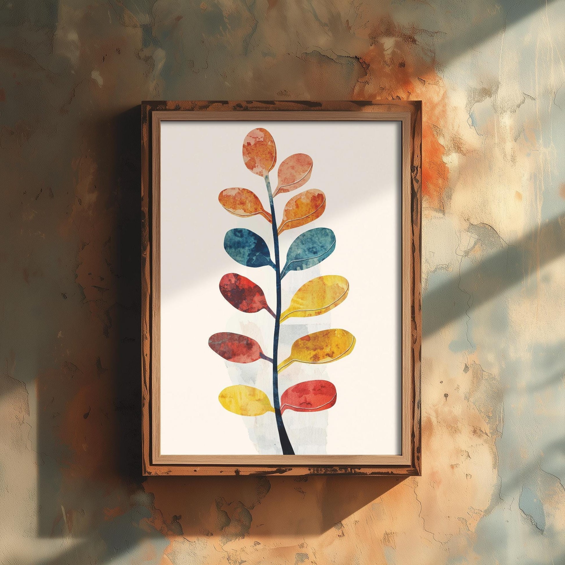 Feral Floral Fern Art Print V1 - Oval Leaf Stem Botanical Poster - Bold Colourful Woodcut Collage Painting Nature Japandi Neutral 2/3