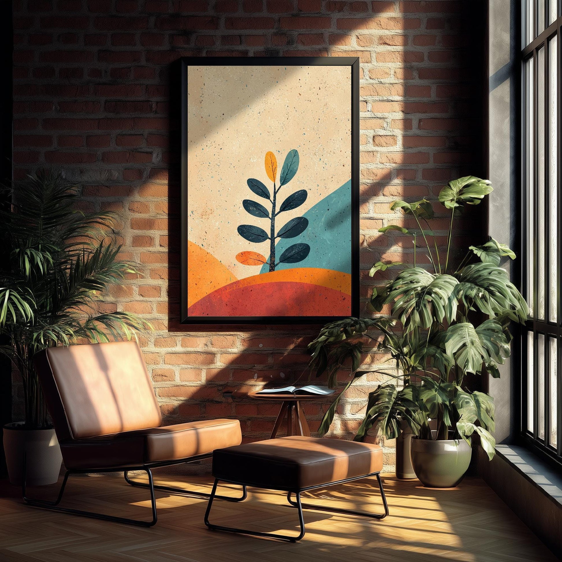 Feral Floral Fern Art Print V1 - Eucalyptus Sprig Retro Landscape Poster - Bold Colourful Woodcut Collage Painting Neutral 3/3