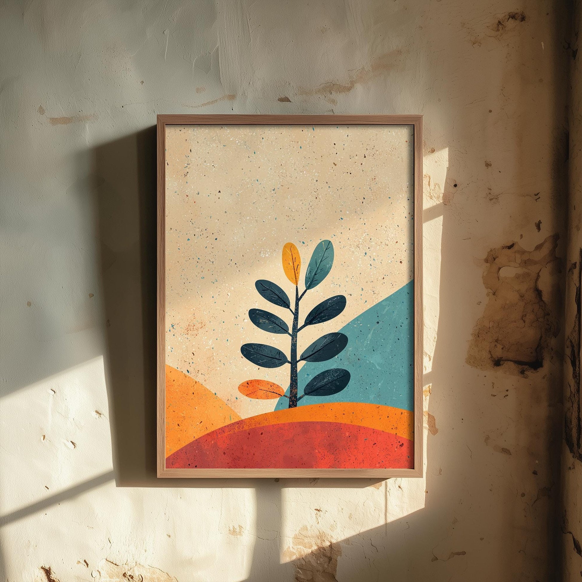 Feral Floral Fern Art Print V1 - Eucalyptus Sprig Retro Landscape Poster - Bold Colourful Woodcut Collage Painting Neutral 3/3