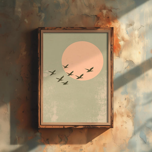 Birds in Sky with Large Moon Art Print | Pink Moon Cranes in Flight Poster | Japanese Ukiyo-e Inspired Painting Wall Decor 2/3