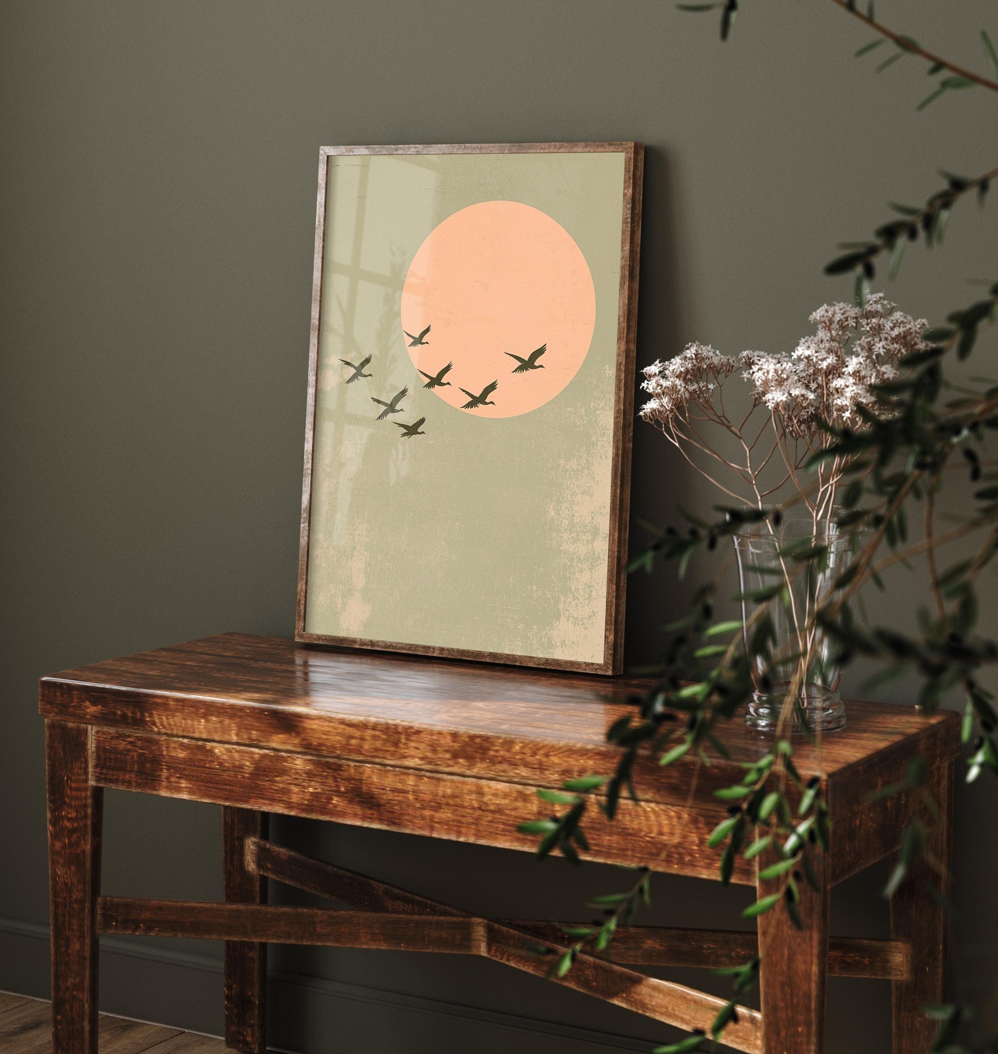 Birds in Sky with Large Moon Art Print | Pink Moon Cranes in Flight Poster | Japanese Ukiyo-e Inspired Painting Wall Decor 2/3