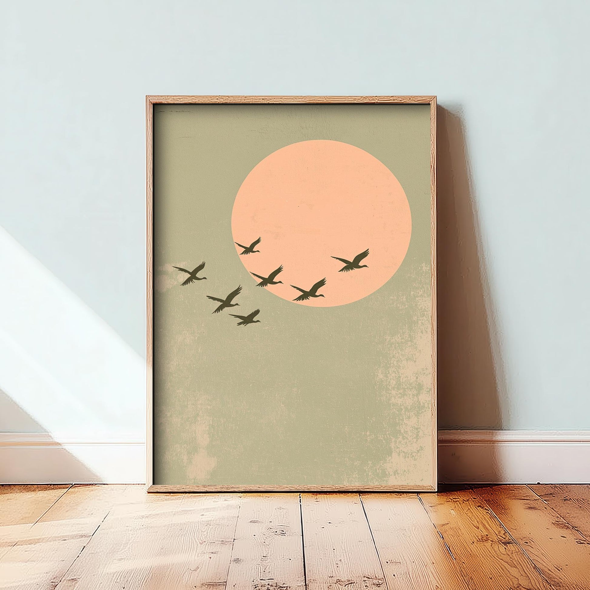 Birds in Sky with Large Moon Art Print | Pink Moon Cranes in Flight Poster | Japanese Ukiyo-e Inspired Painting Wall Decor 2/3