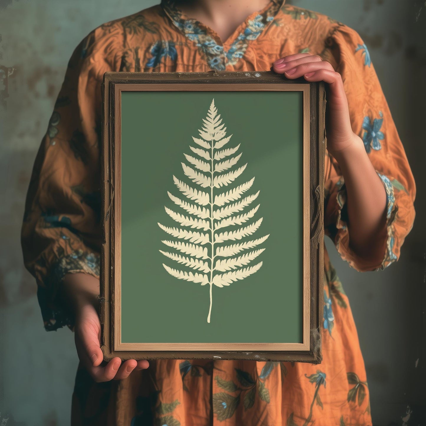 Feral Floral Fern Art Print V3 - Cream Fern Sage Green Poster - Bold Colourful Woodcut Collage Painting Nature Japandi Neutral 3/3