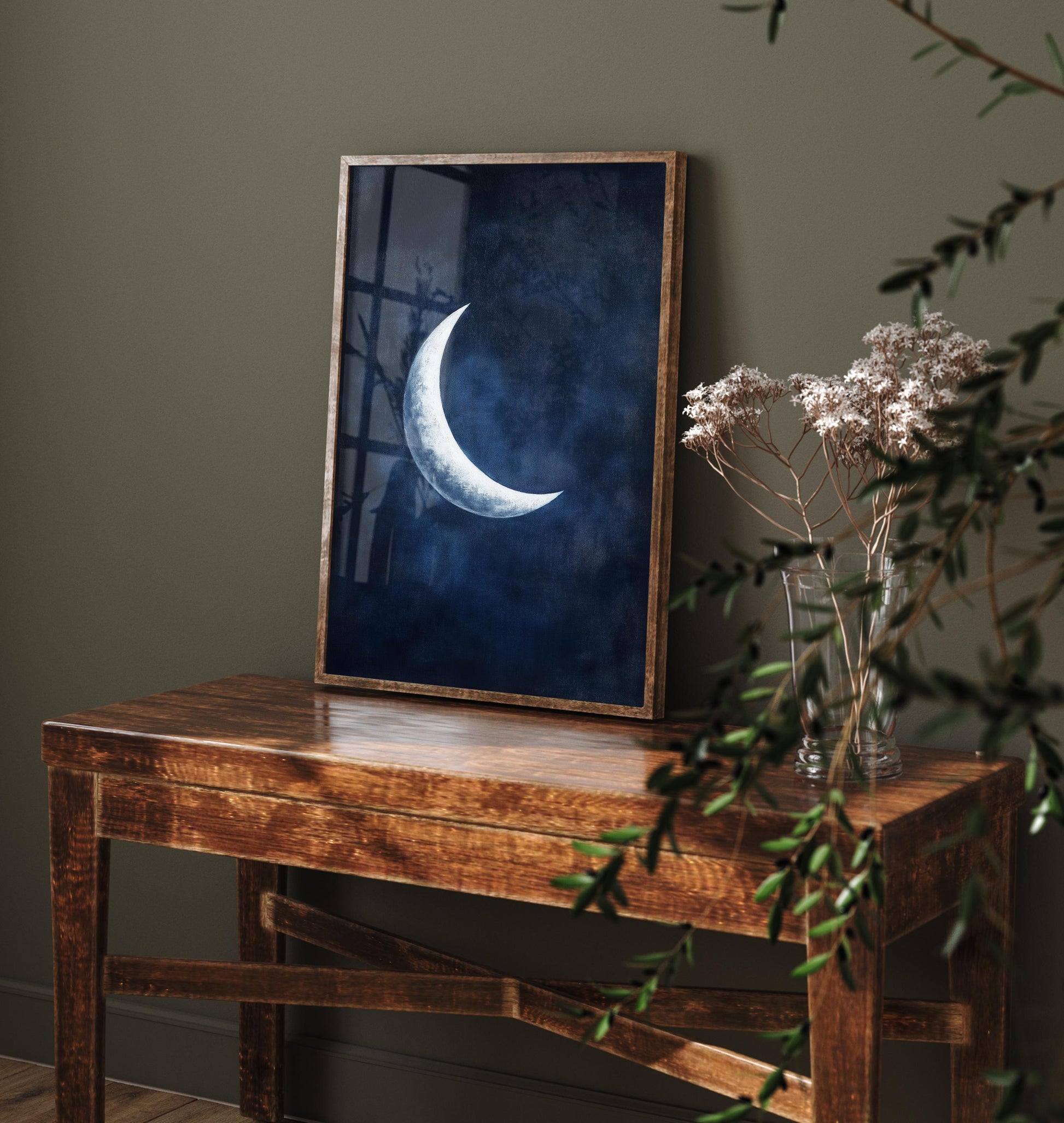 Crescent Moon Art Print | Space Astronomy Wall Poster | Dark Celestial Decor | Lunar Painting 3/3