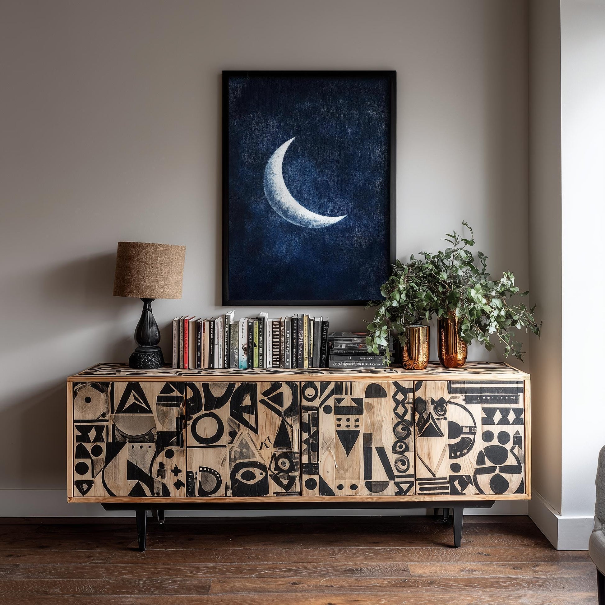 Crescent Moon Art Print | Space Astronomy Wall Poster | Dark Celestial Decor | Lunar Painting 3/3