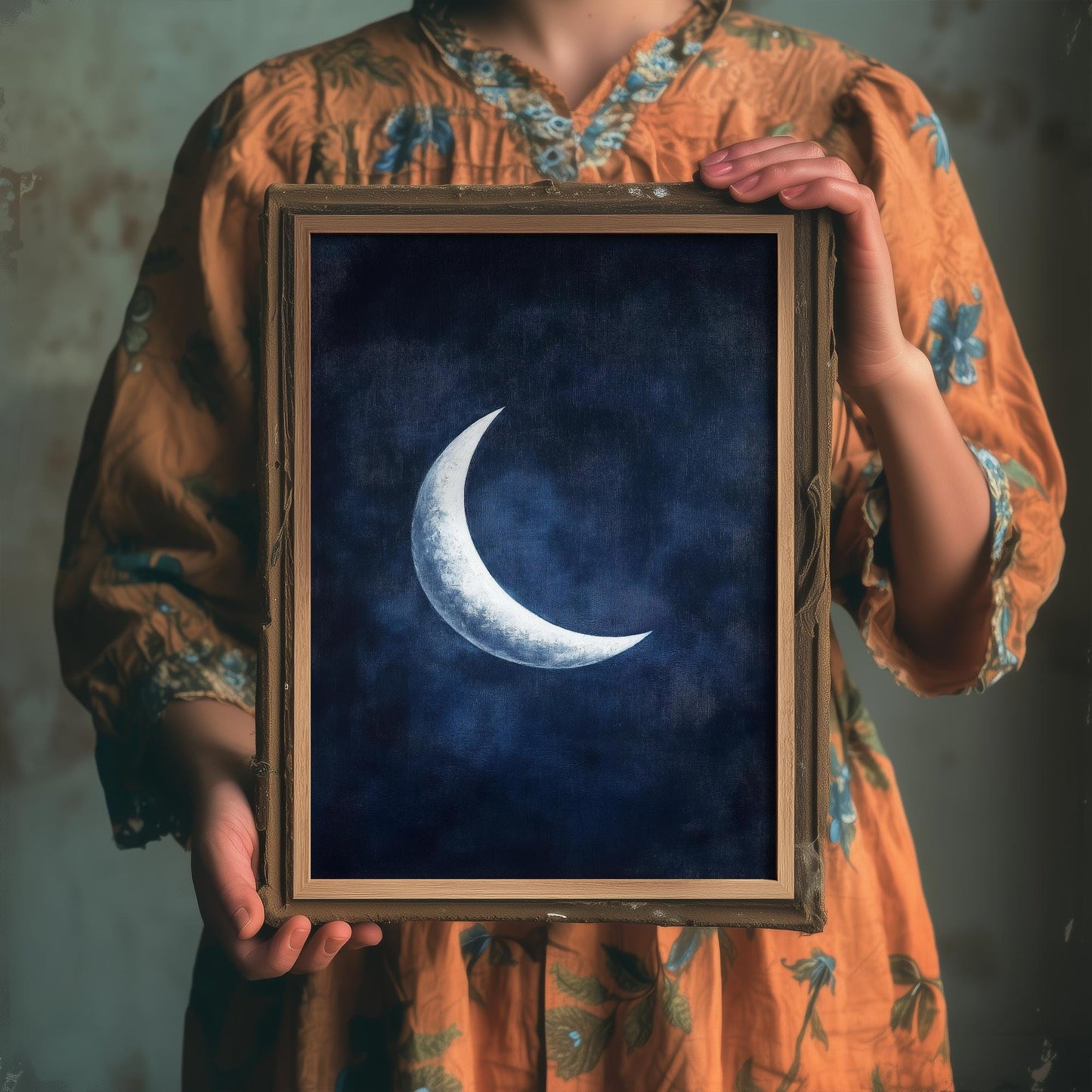 Crescent Moon Art Print | Space Astronomy Wall Poster | Dark Celestial Decor | Lunar Painting 3/3