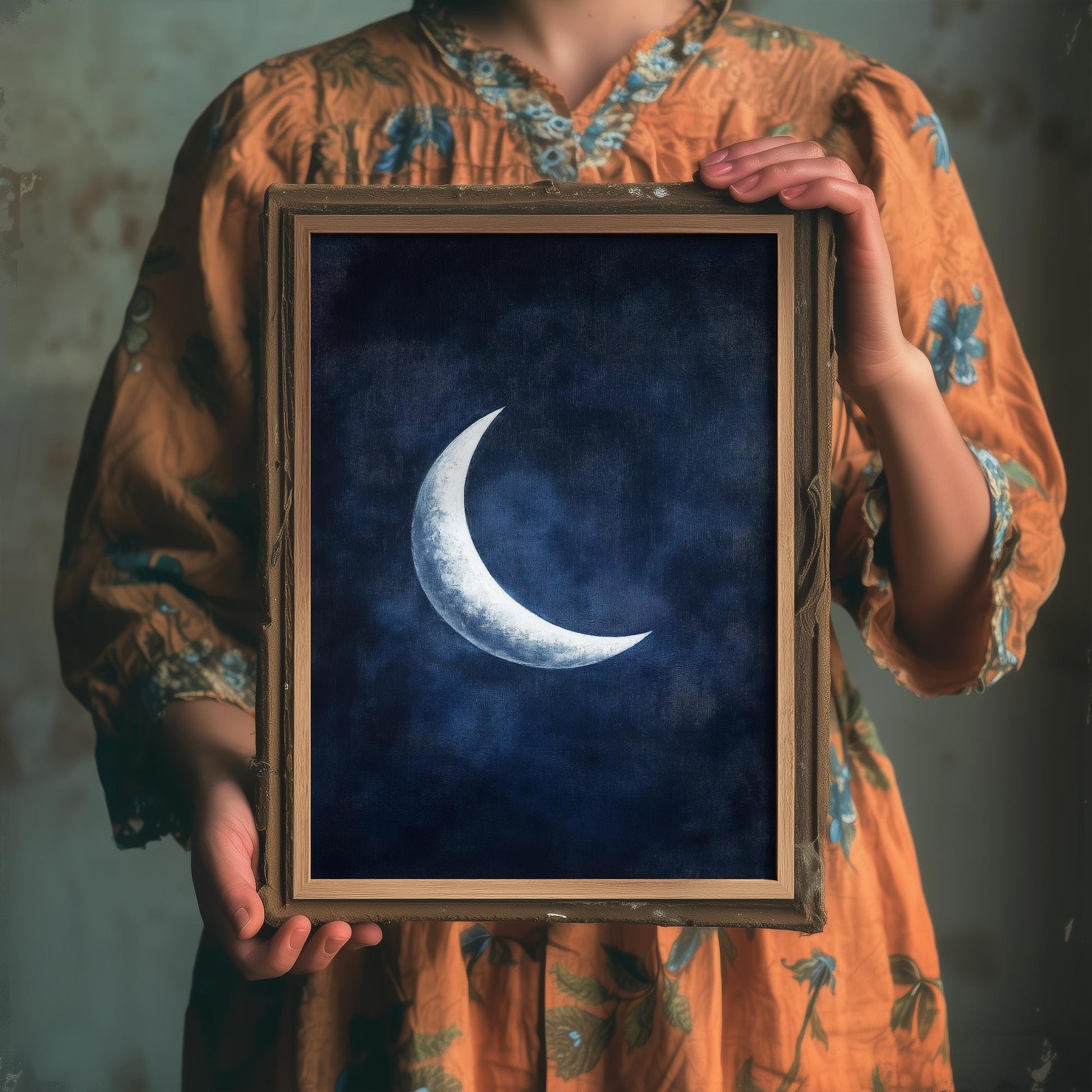 Crescent Moon Art Print | Space Astronomy Wall Poster | Dark Celestial Decor | Lunar Painting 3/3