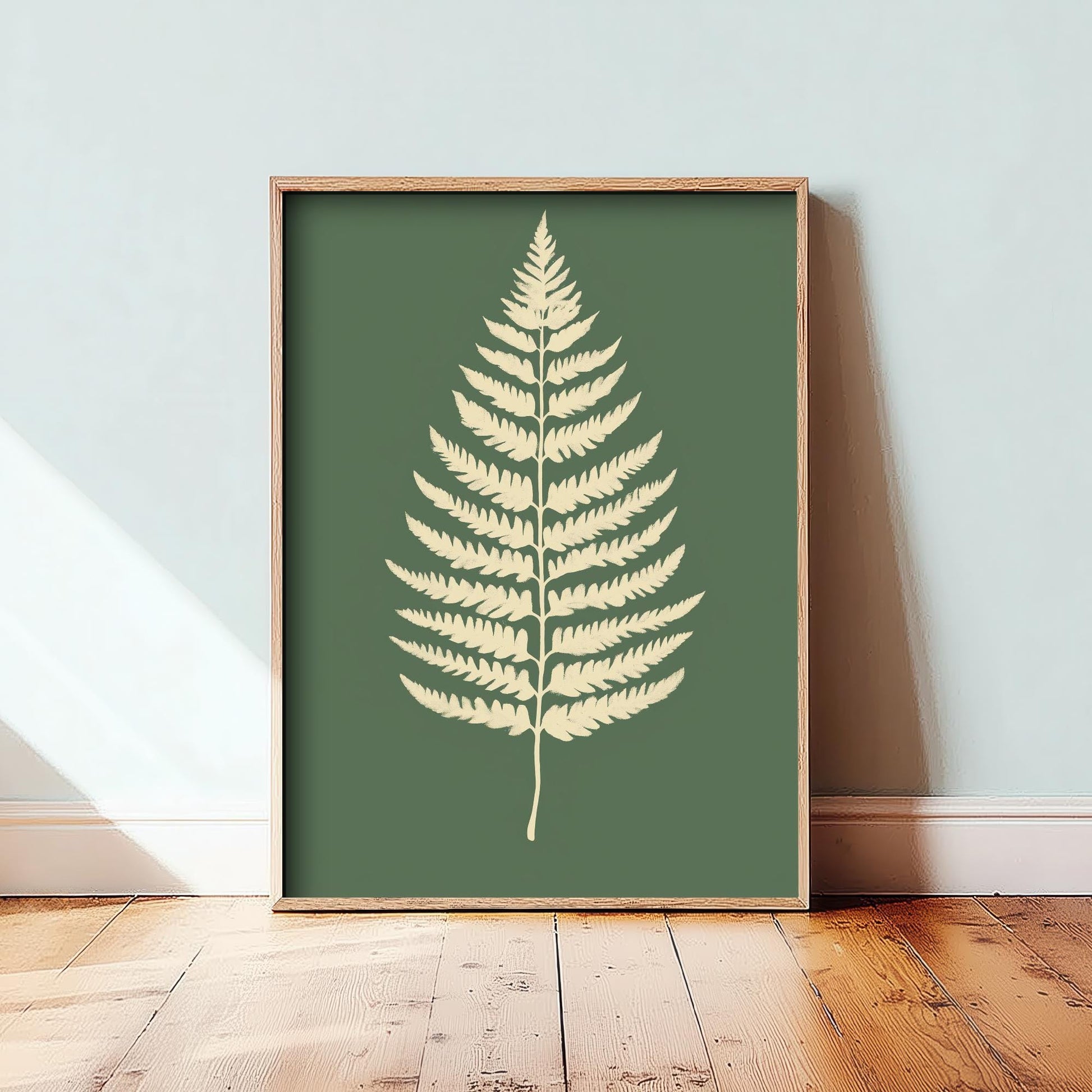 Feral Floral Fern Art Print V3 - Cream Fern Sage Green Poster - Bold Colourful Woodcut Collage Painting Nature Japandi Neutral 3/3
