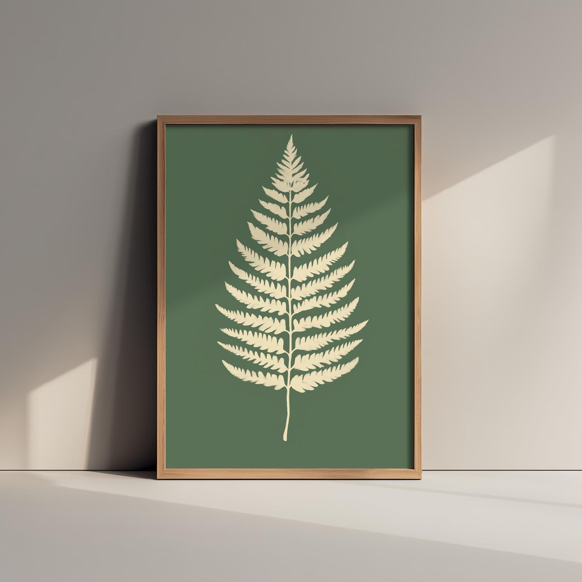 Feral Floral Fern Art Print V3 - Cream Fern Sage Green Poster - Bold Colourful Woodcut Collage Painting Nature Japandi Neutral 3/3