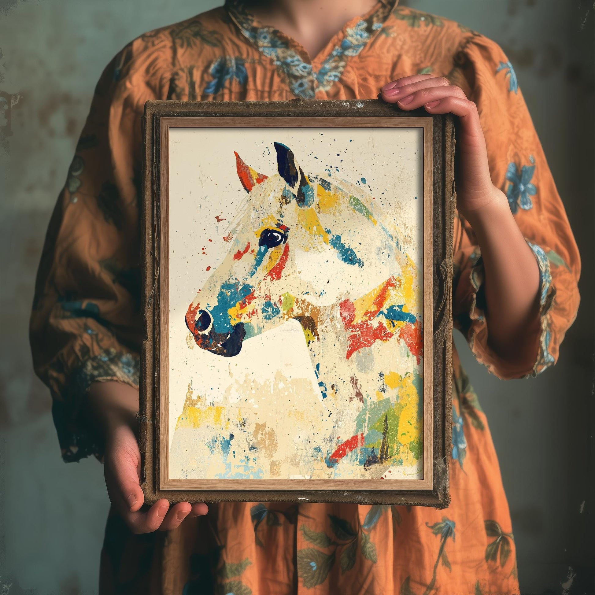 Feral Floral Horse Art Print V1 - Colourful Horse Head Portrait Poster - Bold Colourful Woodcut Collage Painting Animals Gift 3/3