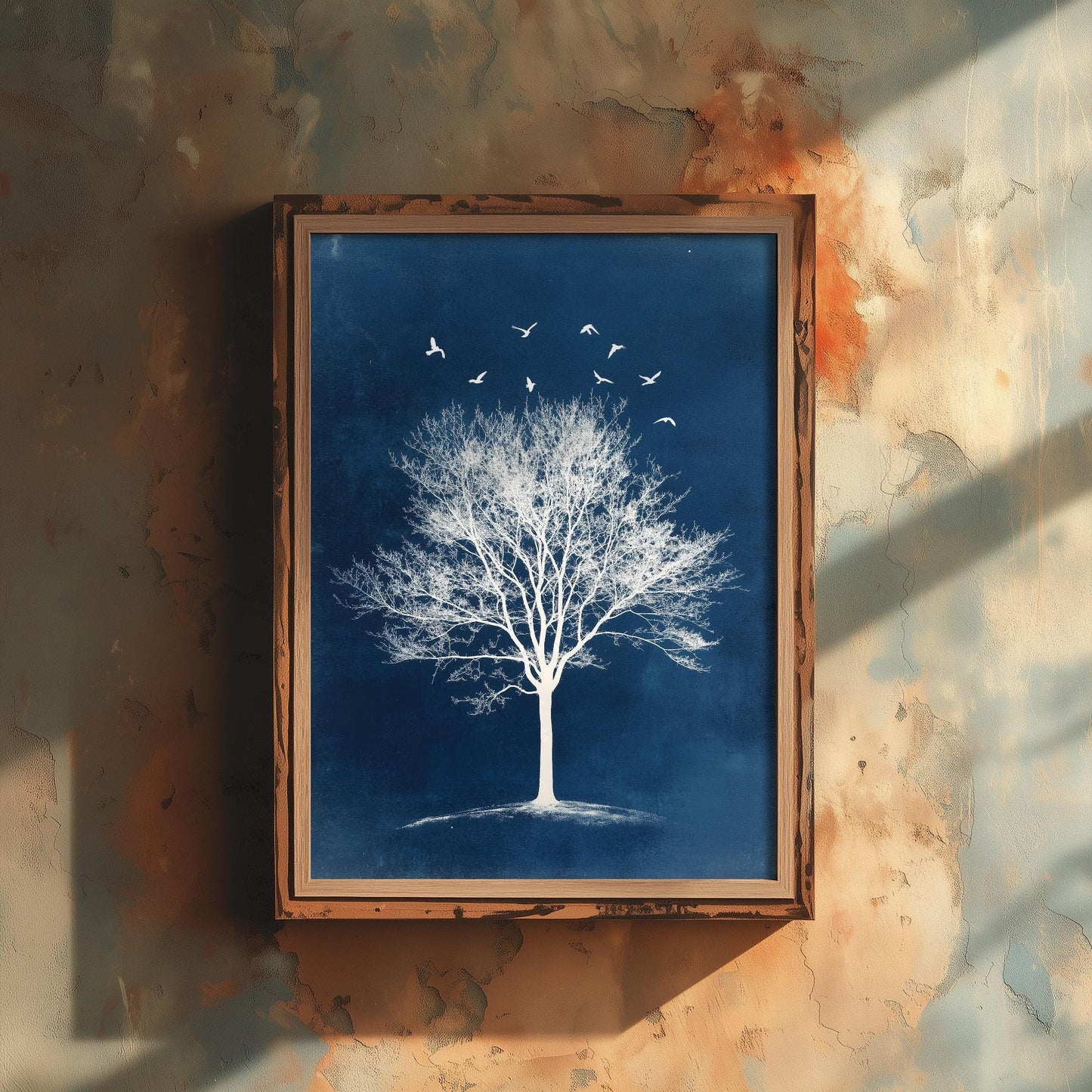 Teal Night Tree Print | Birds in Flight Bare Tree Art Print | Navy Blue Night Nature Painting | Celestial Winter Wall Poster V2 2/3