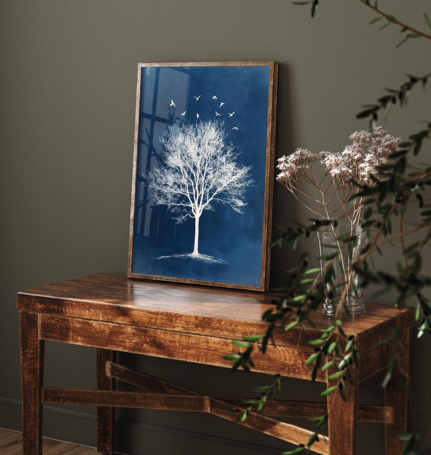 Teal Night Tree Print | Birds in Flight Bare Tree Art Print | Navy Blue Night Nature Painting | Celestial Winter Wall Poster V2 2/3
