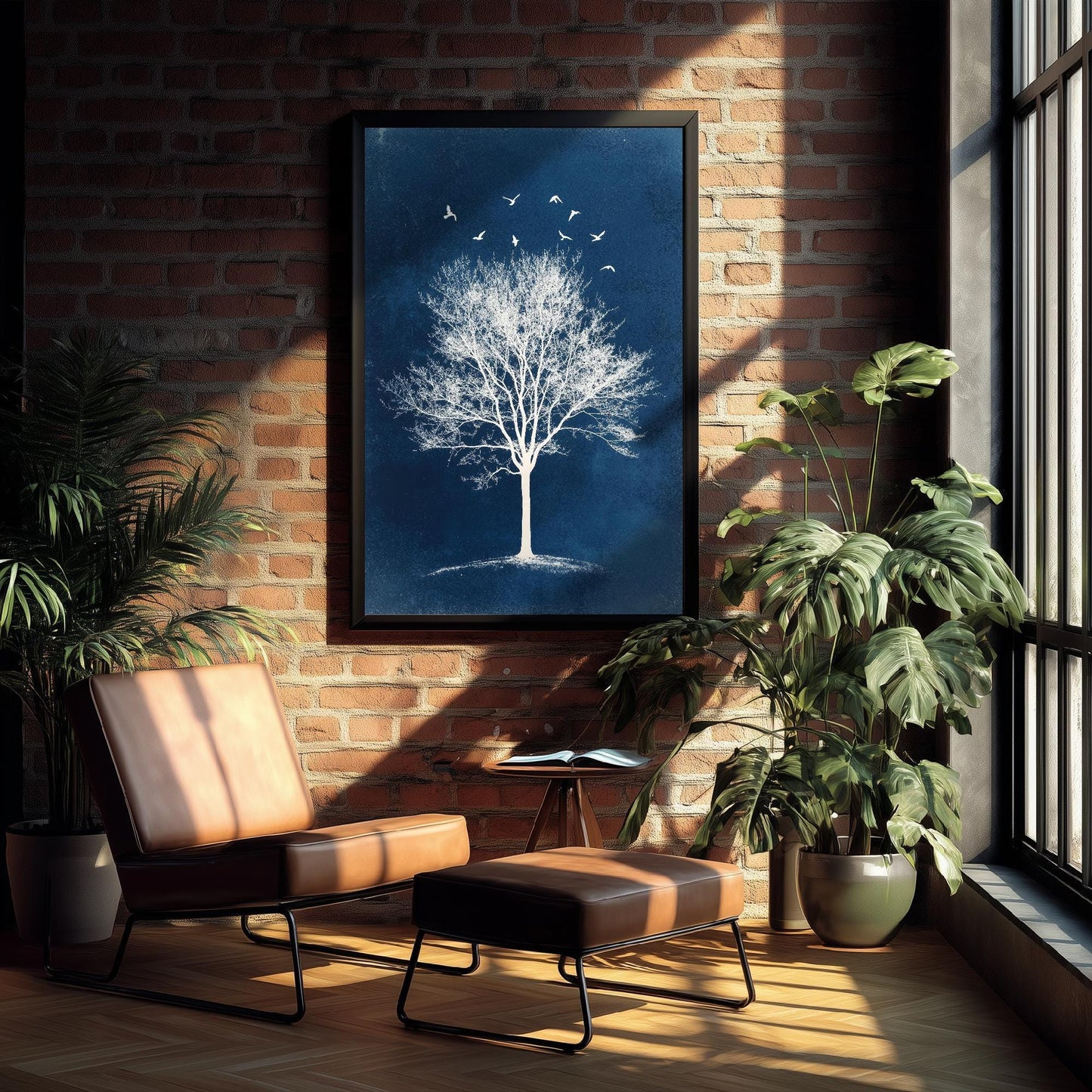 Teal Night Tree Print | Birds in Flight Bare Tree Art Print | Navy Blue Night Nature Painting | Celestial Winter Wall Poster V2 2/3