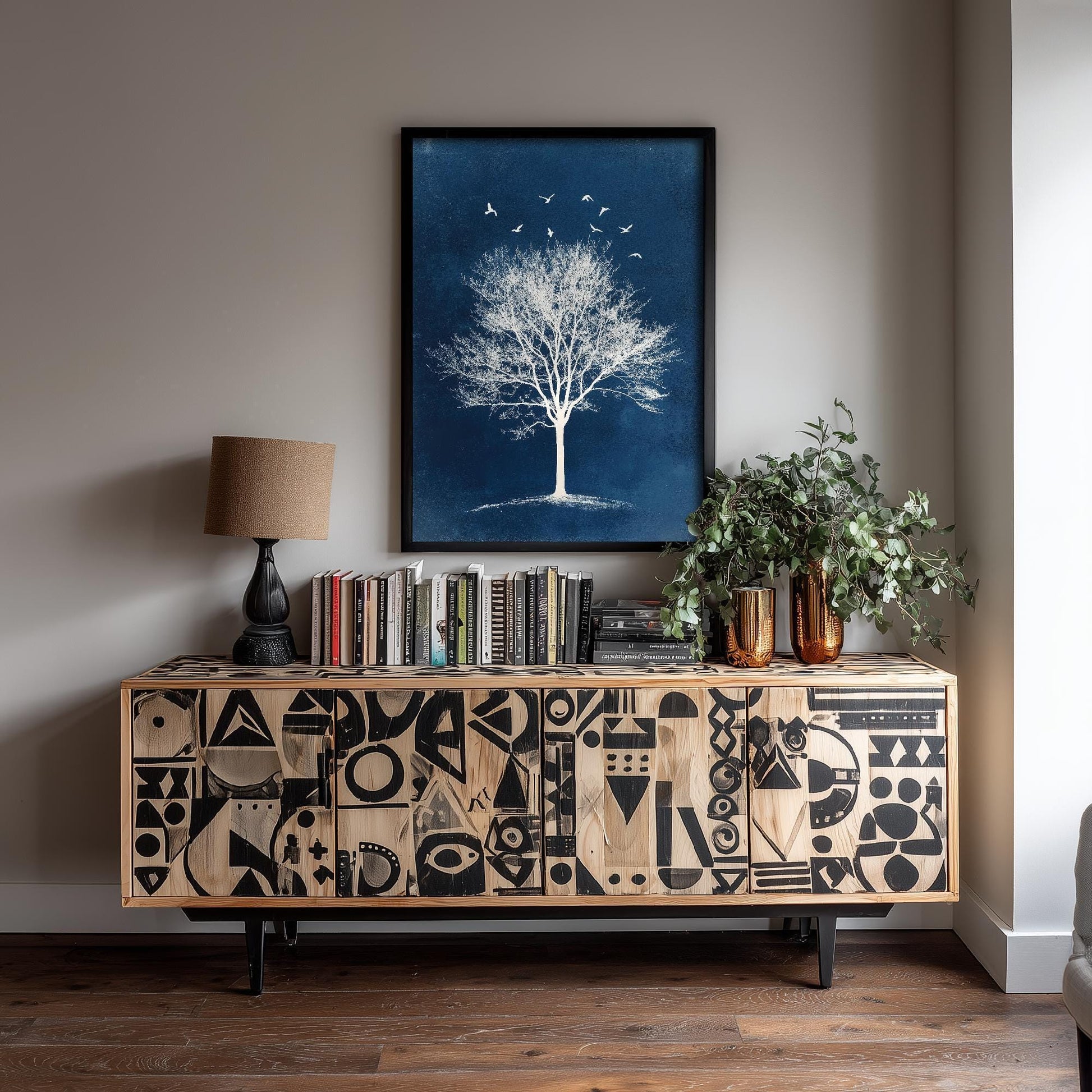 Teal Night Tree Print | Birds in Flight Bare Tree Art Print | Navy Blue Night Nature Painting | Celestial Winter Wall Poster V2 2/3