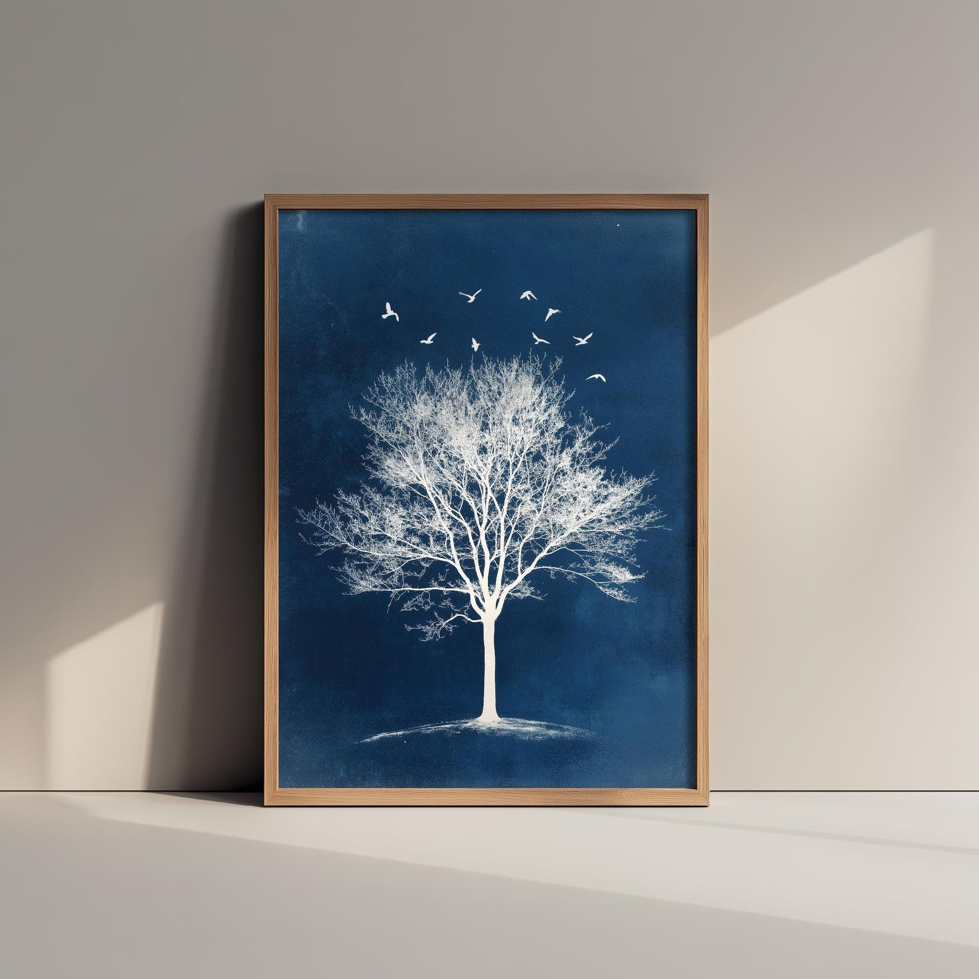 Teal Night Tree Print | Birds in Flight Bare Tree Art Print | Navy Blue Night Nature Painting | Celestial Winter Wall Poster V2 2/3