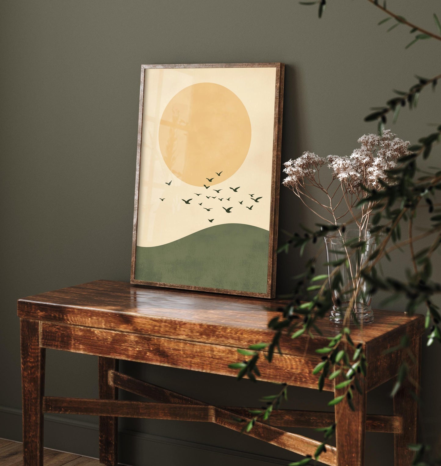 Birds in Sky with Large Moon Art Print | Golden Moon Bird Flock Poster | Japanese Ukiyo-e Inspired Painting Wall Decor 3/3