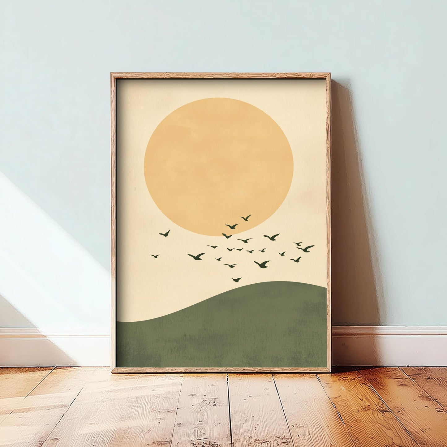 Birds in Sky with Large Moon Art Print | Golden Moon Bird Flock Poster | Japanese Ukiyo-e Inspired Painting Wall Decor 3/3